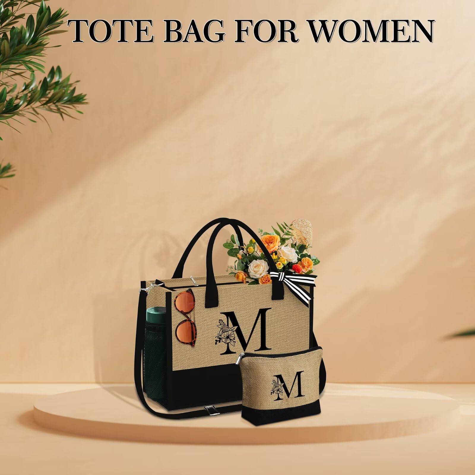 Personalized Jute Tote Bag with Zipper - Monogram Makeup Bag for Women, Perfect Birthday Gift & Friend Present for Daily Use