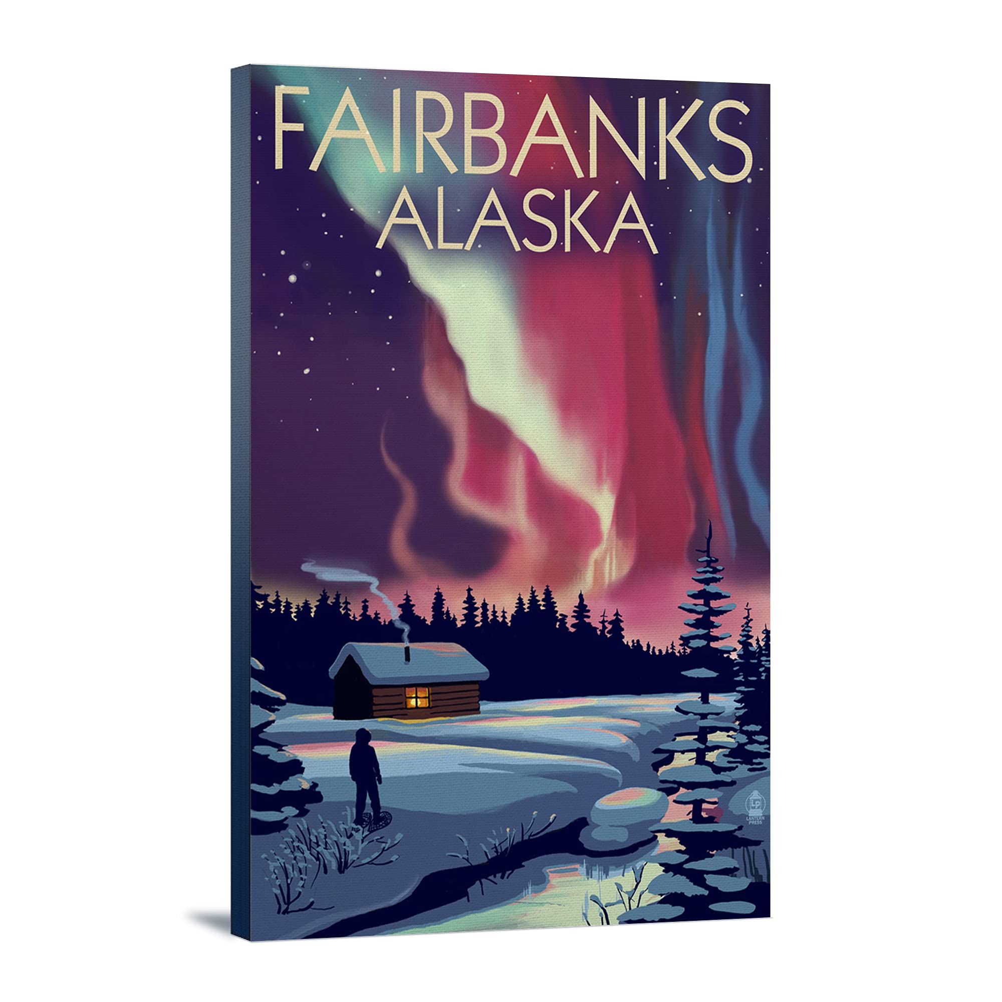 Fairbanks Alaska Northern Lights & Cabin Wall Art - 24x36 Gallery Wrapped Canvas Print for Home Decor, Living Room, Bedroom & Office