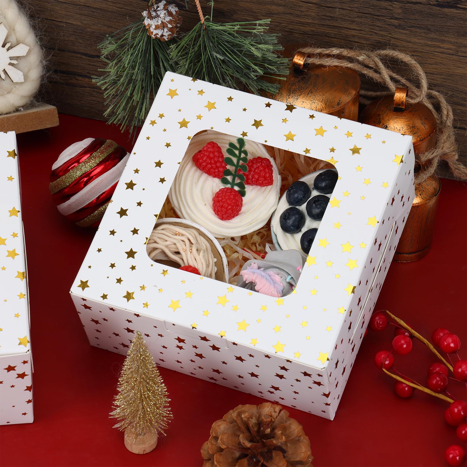Moretoes 30pcs 6x6x3in Christmas Cookie Boxes with Window & Gold Foil Star - White Bakery Gift Boxes for Holiday Treats, Cupcakes, Donuts, Candy & Pastry Packaging - Perfect for Xmas Gifts, Dessert Parties & Cookie Exchanges