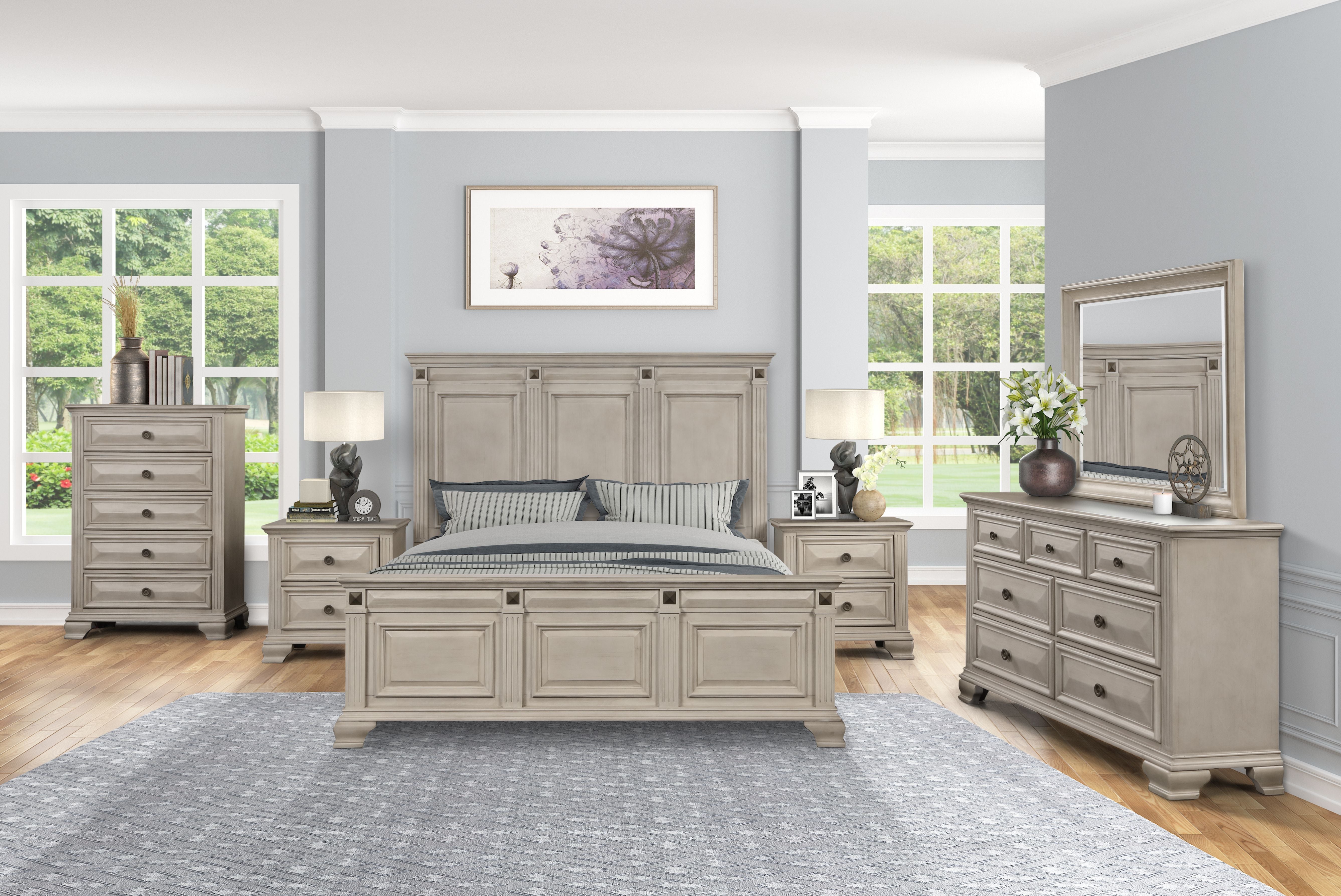 Distressed Parchment Wood Bedroom Set - Vintage Style Bed Frame, Nightstand & Dresser - Perfect for Farmhouse, Rustic or Industrial Decor
