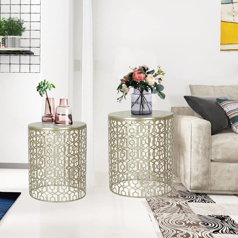 Round Champagne Nesting Side End Tables Set of 2 - Modern Accent Tables for Living Room, Bedroom & Office - Space-Saving Stackable Nightstands