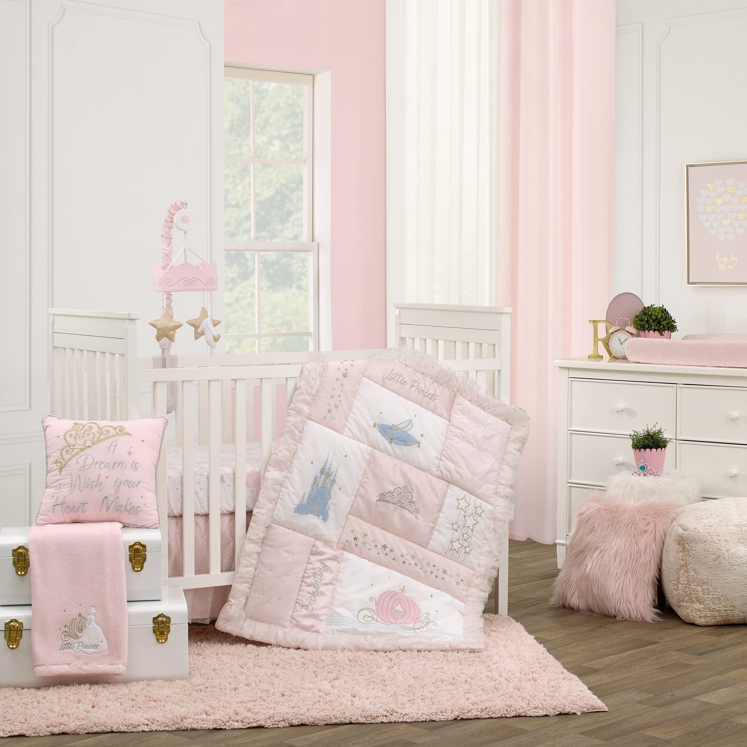 Disney Princess Enchanting Dreams Pink & White 3-Piece Crib Bedding Set - 100% Cotton Baby Nursery Comforter, Fitted Sheet & Skirt | Soft & Safe for Newborns, Perfect for Girls' Nursery Decor & Baby Shower Gifts