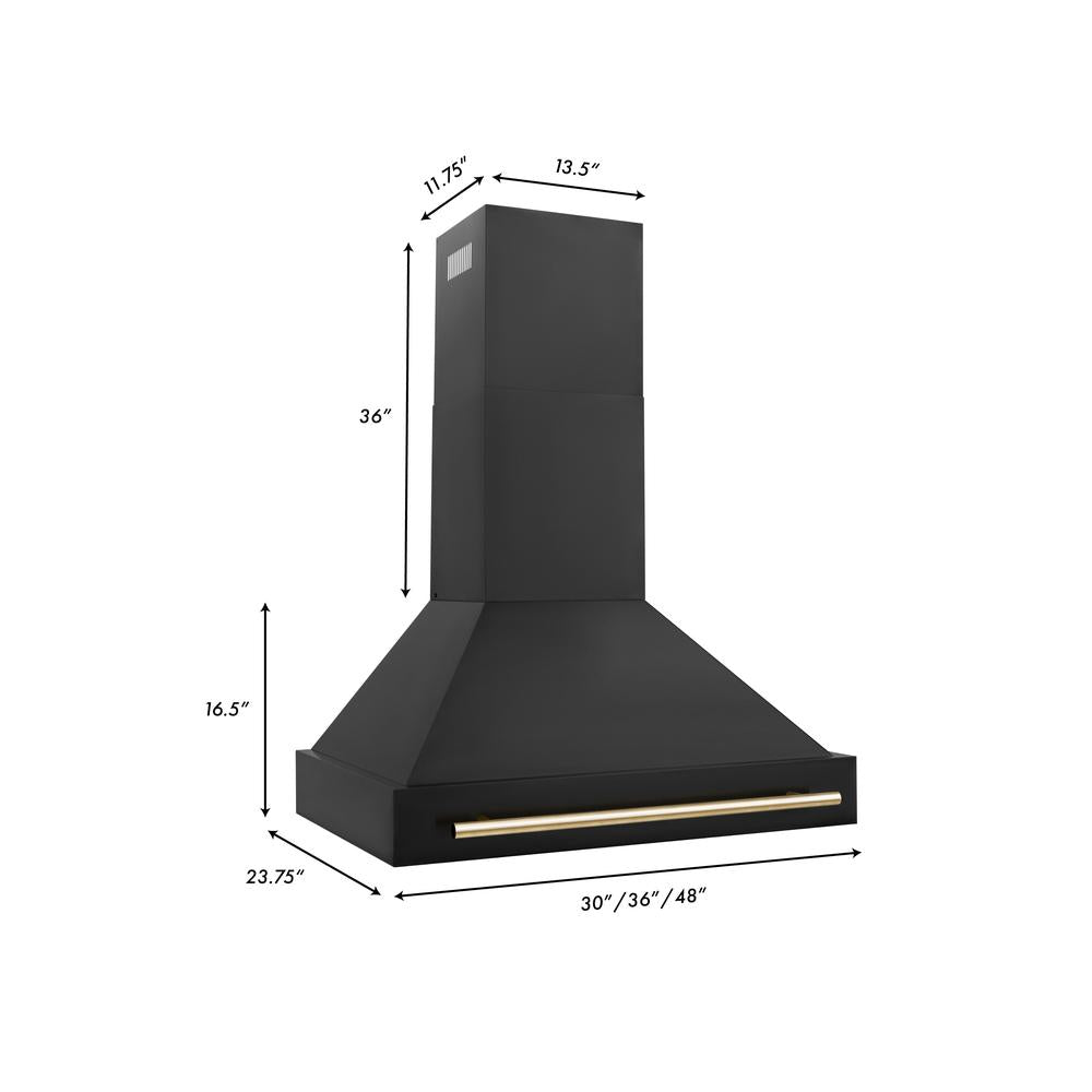 ZLINE Autograph Edition 36-Inch Professional Kitchen Package - Black Stainless Steel Dual Fuel Range with Range Hood & Polished Gold Accents (2AKP RABRH36 G) | Premium Gas Stove & Ventilation System for Home Chefs & Modern Kitchens
