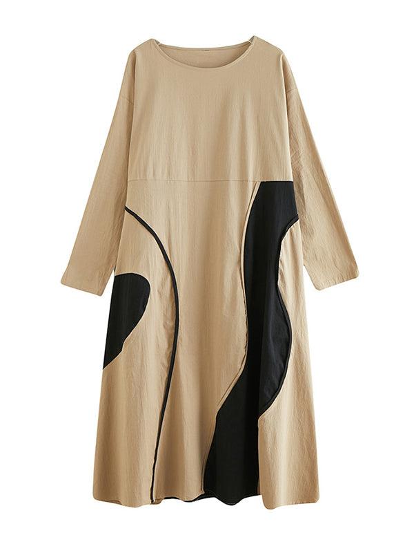Lovevop Women's Casual Long Sleeve Loose Fit Contrast Color Printed Round Neck Midi Dress - Perfect for Fall, Winter, Office Wear & Everyday Outfits