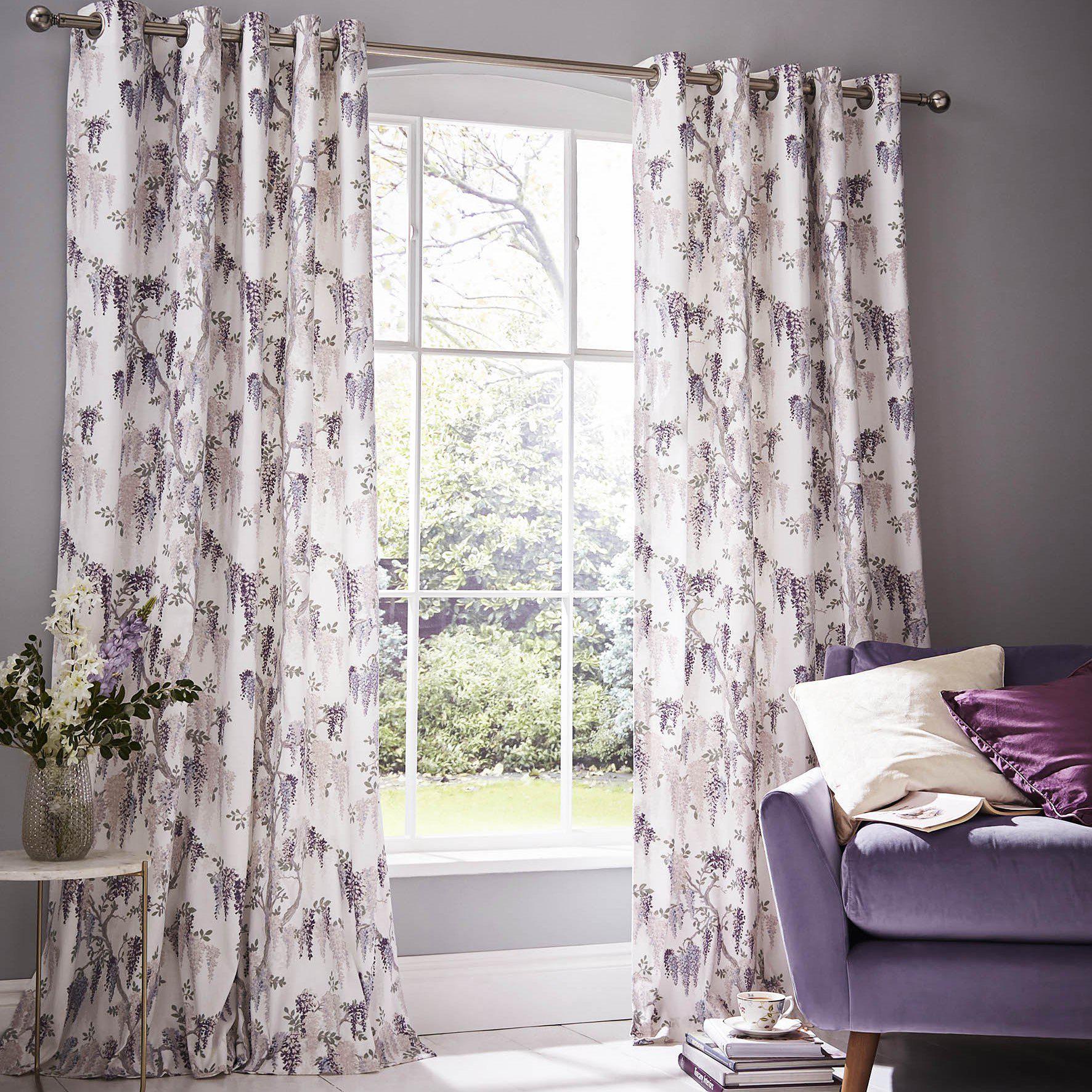 Laura Ashley Wisteria Garden Eyelet Curtains - Floral Print Blackout Window Drapes for Living Room & Bedroom (Iris Pattern) | Elegant Home Decor & Light Blocking Curtain Panels