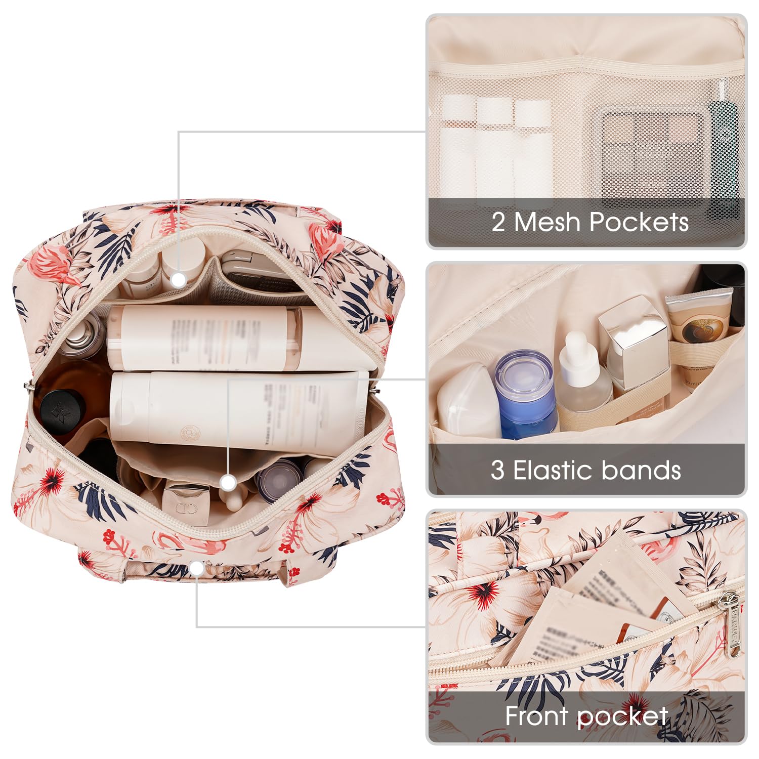 Narwey Large Makeup Travel Bag - Women's Toiletry Organizer for Essentials (Beige Bird) - Perfect for Vacation & Gym