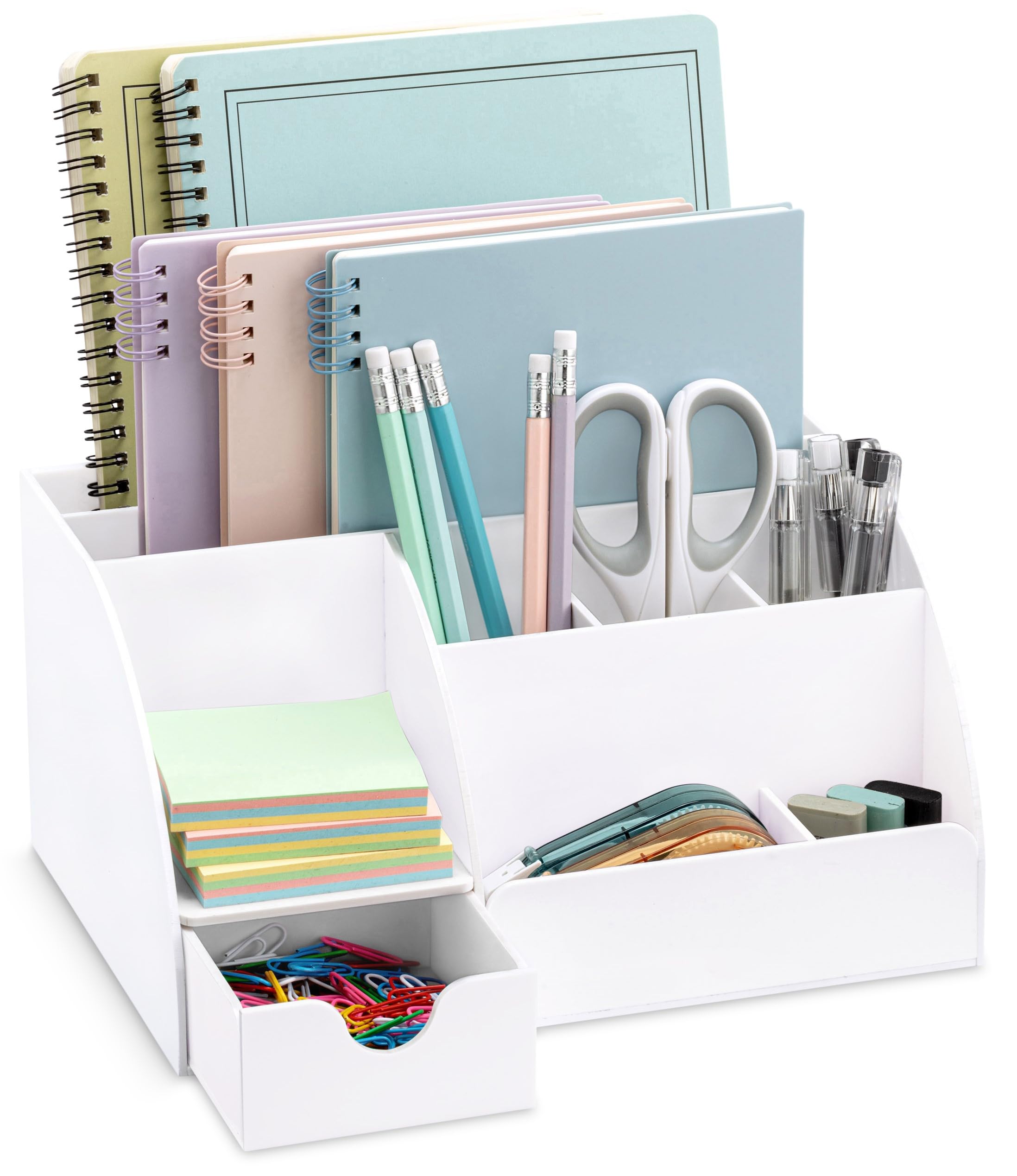 White Desk Organizer with 9 Compartments - Office Supplies & Desk Accessories Organizer, Pen Holder & Desktop Decor - Perfect for Home Office, Study Room & Workspace (White)