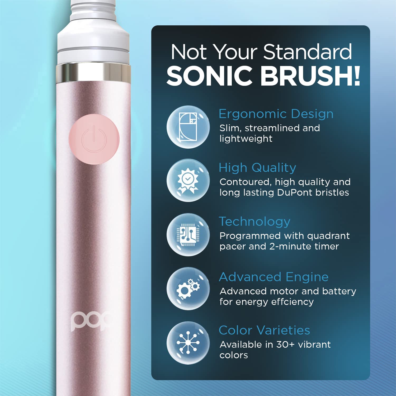 Pop Sonic Electric Toothbrush for Kids & Adults - Metallic Rose Rechargeable Toothbrush with 2 Speed Modes (15,000-30,000 RPM), DuPont Nylon Bristles, AAA Battery Included - Perfect for Travel, Home & Daily Oral Care
