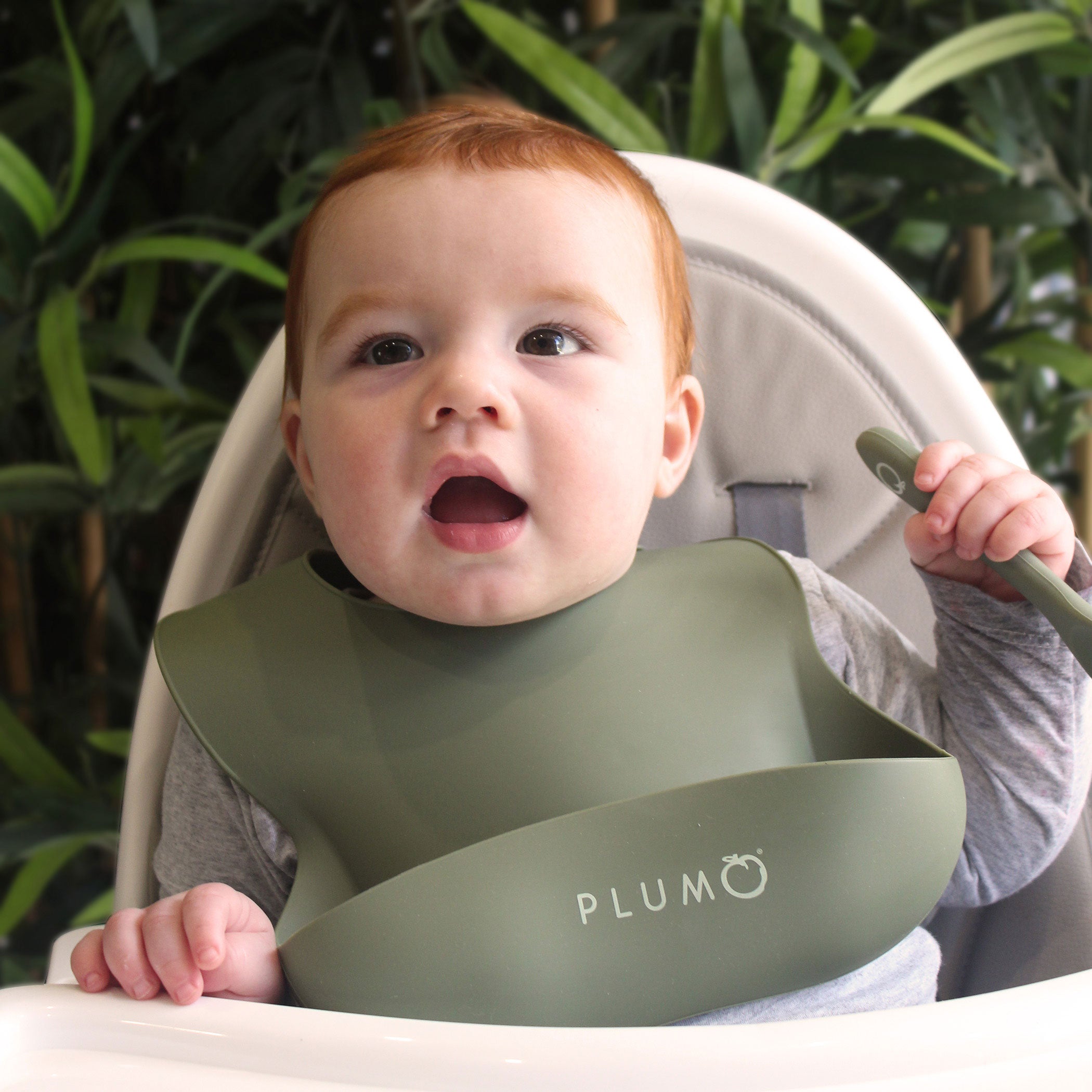 PLUM 3-Piece Silicone Baby Bib and Spoon Set - Olive Green & Pesto Color | Soft, Waterproof Feeding Essentials for Toddlers | Perfect for Mealtime, Travel & Daycare Use