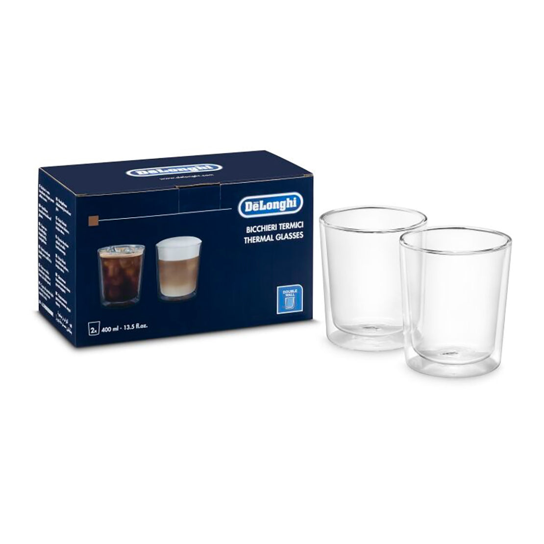 DeLonghi Double Wall Insulated Coffee Glasses, Set of 2 - 12oz Thermal Mugs for Hot & Cold Drinks - Perfect for Espresso, Tea, or Iced Beverages at Home or Office