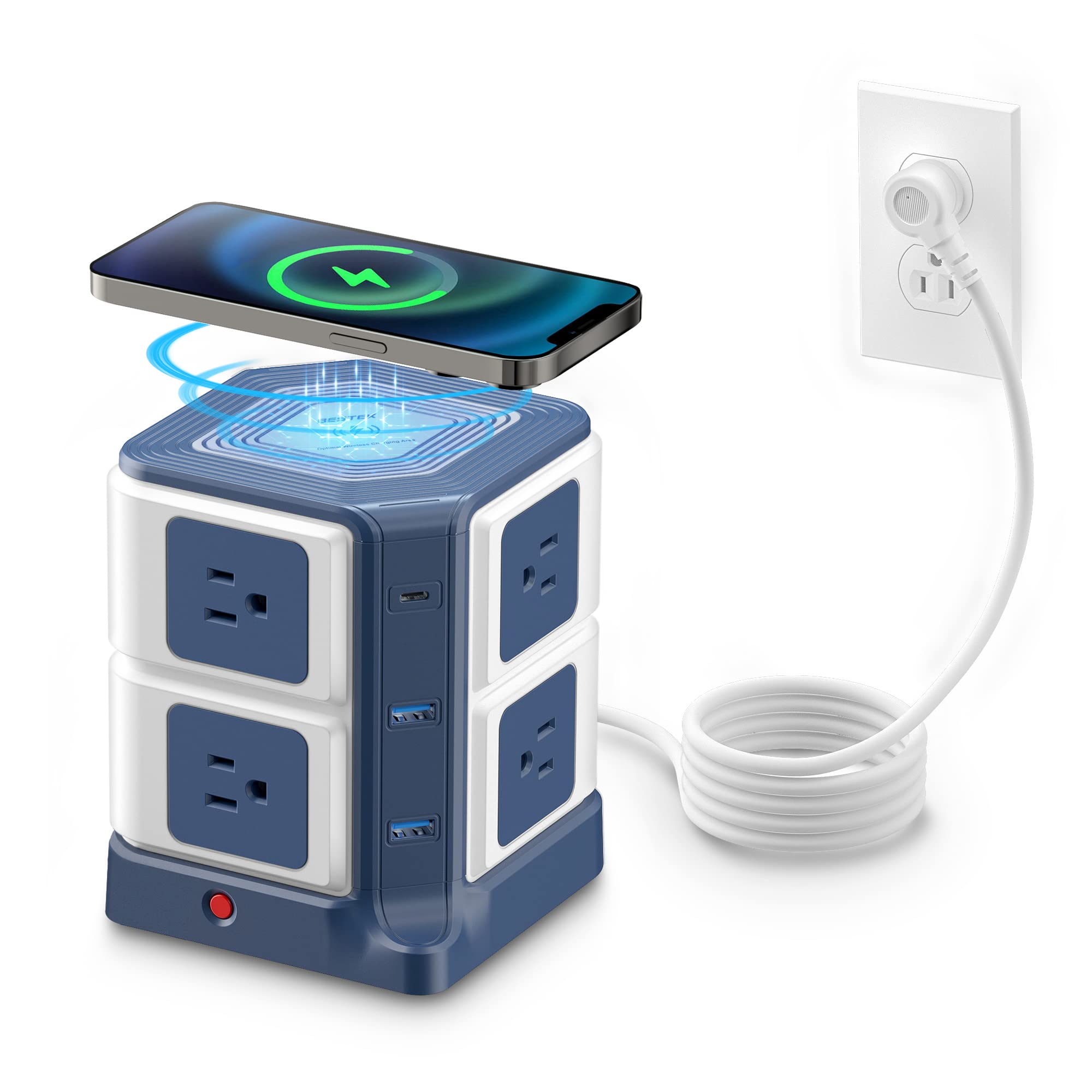 BESTEK 20W USB C Power Strip with Wireless Charger - 8-Outlet Surge Protector, 30W 3-Port USB Charging Station, 4000 Joules, ETL Certified - Ideal for Dorm Rooms, Offices, and Home Use (8AC+3USB+Wireless Charger, Blue)