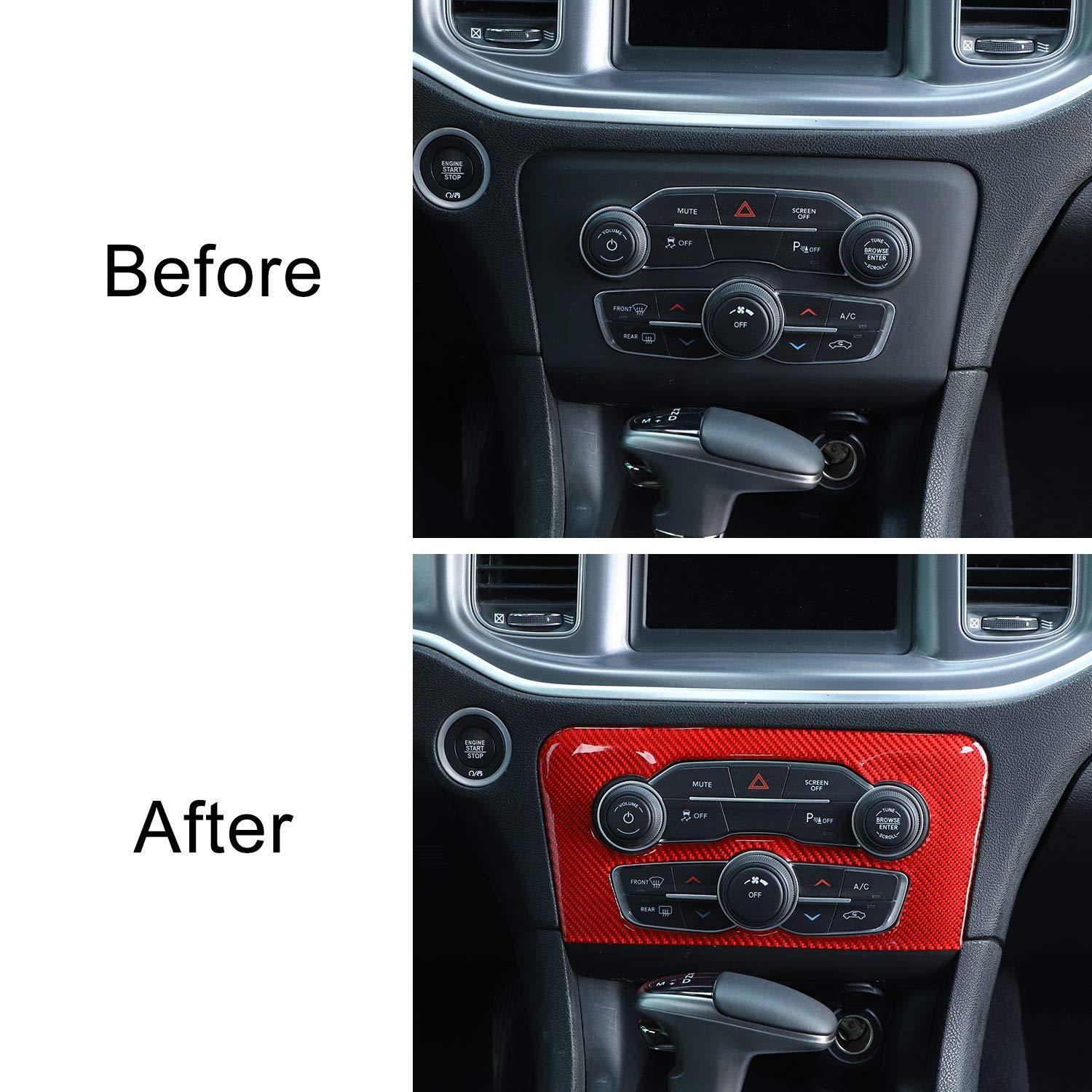 Premium Red Carbon Fiber Radio AC CD Switch Panel Trim for 2015-2019 Dodge Charger - 1pc Replacement Part - Perfect for Interior Upgrades & Custom Car Modifications