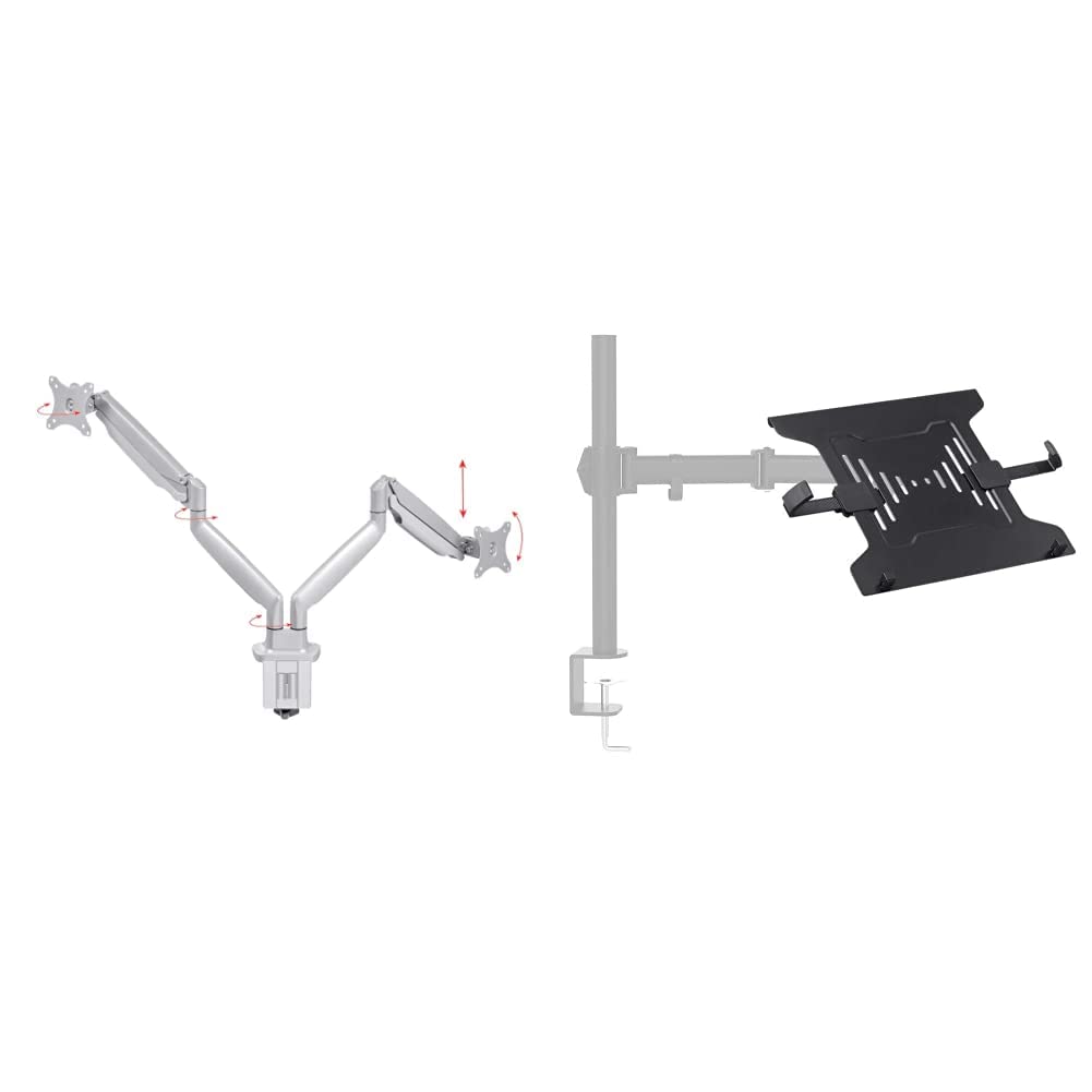Monoprice Dual Arm Adjustable Gas Spring Monitor Desk Mount with Laptop Holder - Silver & Black - Ergonomic Stand for Home Office, Gaming, and Workstations - Perfect for Dual Monitor & Laptop Setup
