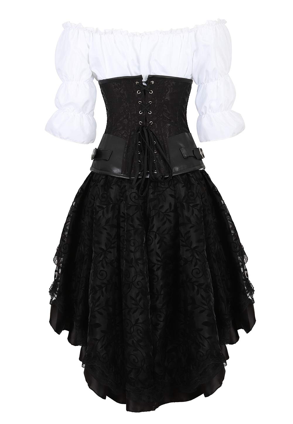 Steampunk Corset Bustier & Skirt Set for Women - 3-Piece Victorian Waist Cincher Outfit with Blouse | Gothic Lingerie, Cosplay Costume, Burlesque Fashion for Halloween & Renaissance Fairs