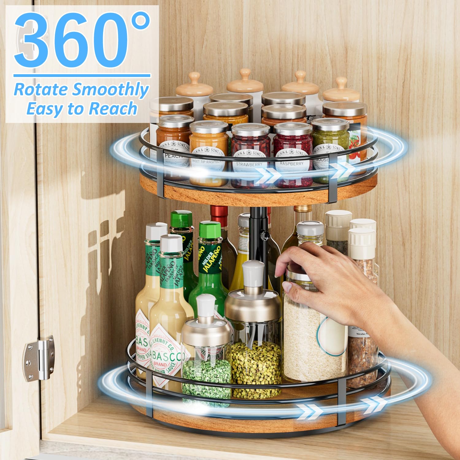 OVICAR 2-Tier Wooden Lazy Susan Turntable Organizer - 12 Inch Adjustable Rotating Spice Rack for Kitchen Countertop, Cabinet, Pantry, Coffee Bar & Bathroom Storage | Perfect for Organizing Spices, Makeup, or Office Supplies
