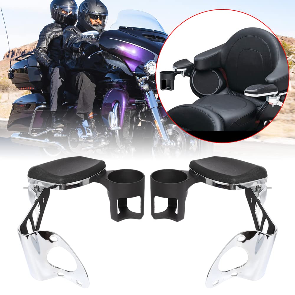 Motorcycle Chrome Passenger Armrests with Cup Holder for Harley Touring 2014-2021 Road Glide Ultra Electra Tri Glides - Comfortable Long Ride Accessories for Cruiser Bikes