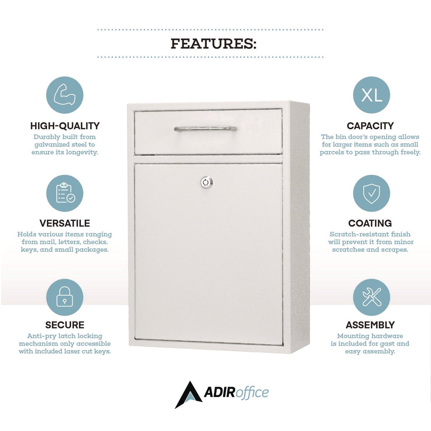 AdirOffice Large Wall Mounted Secure Drop Box - 11.2 x 4.7 x 16.2 Inches - White Mailbox for Home, Office & Business - Perfect for Secure Package & Document Delivery