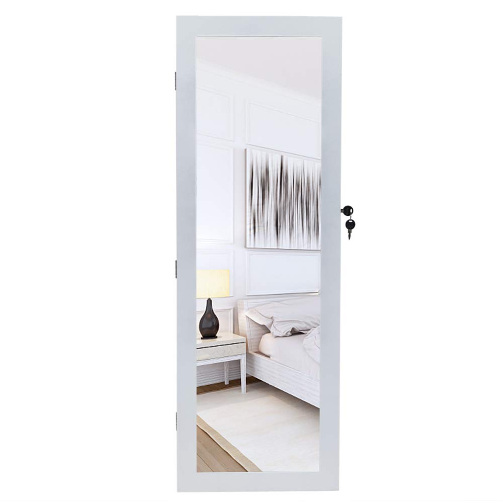 White Wall-Mounted Jewelry Armoire Cabinet with Full-Length Mirror, LED Lights & Lockable Drawers - Large Jewelry Organizer for Necklaces, Rings & Accessories - Perfect for Bedroom Closet or Walk-In Wardrobe Organization