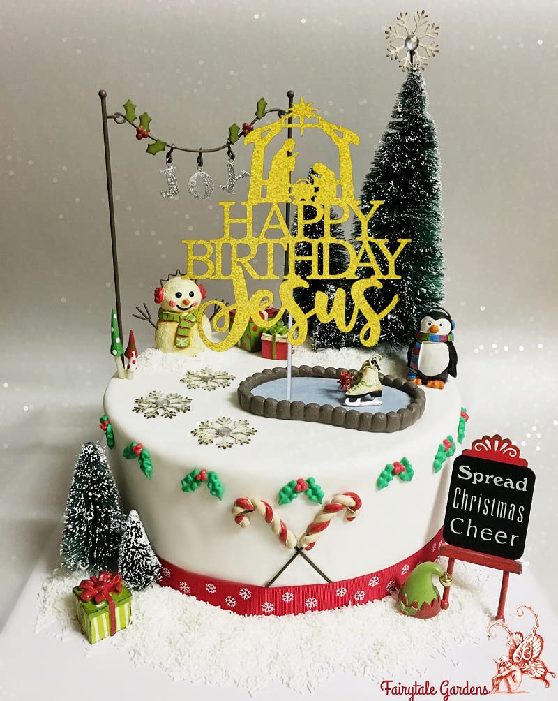 Gold Glitter Jesus Birthday Cake Topper - Nativity Scene Christmas Party Decorations, Religious Holiday Cake Decor for Christmas Birthday Celebrations - Perfect for Church Events, Holiday Gatherings & Nativity-Themed Parties