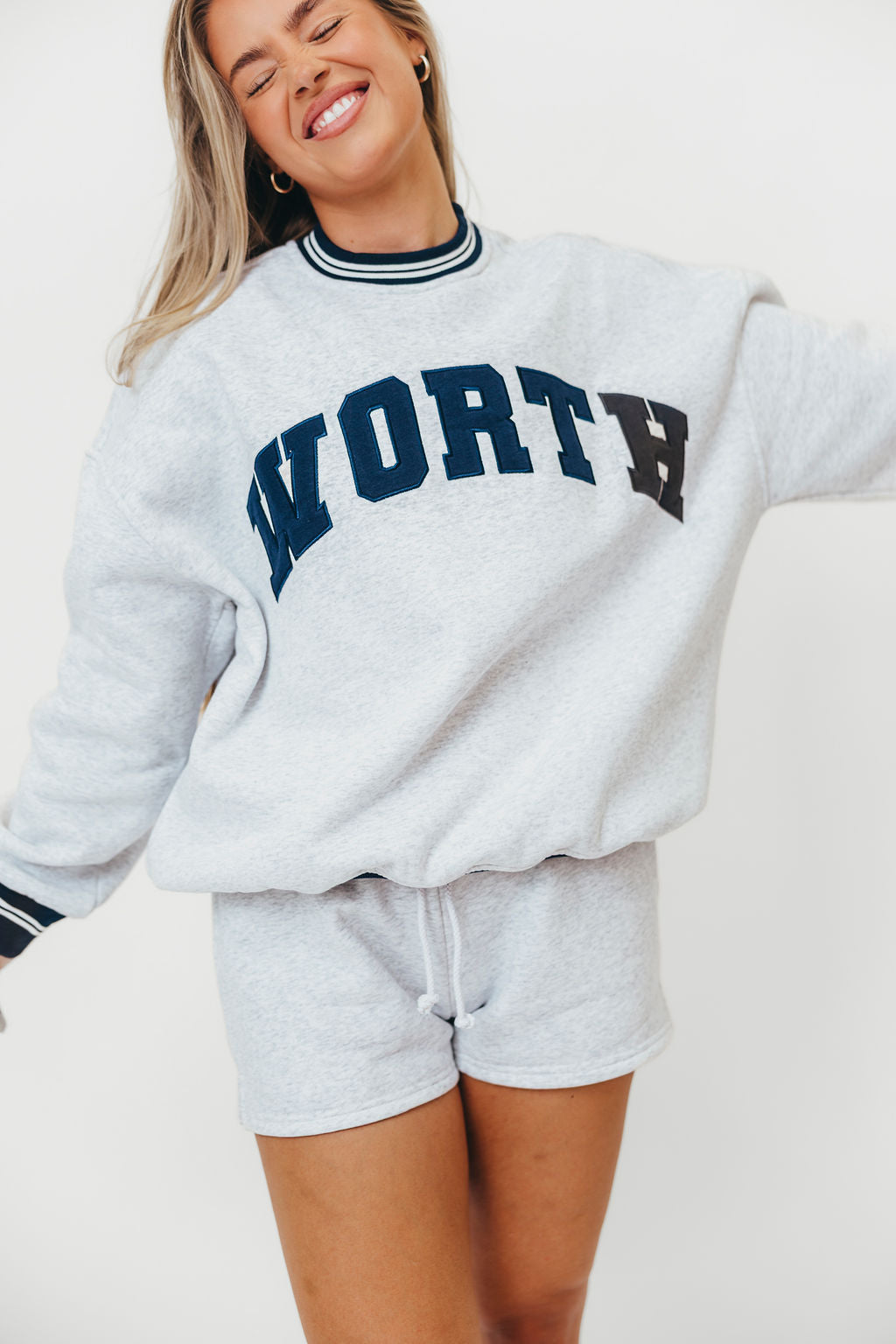 WORTH Preppy Embroidered Crewneck Sweatshirt for Women - Pearl Grey | Casual Pullover for College, Streetwear & Fall Fashion
