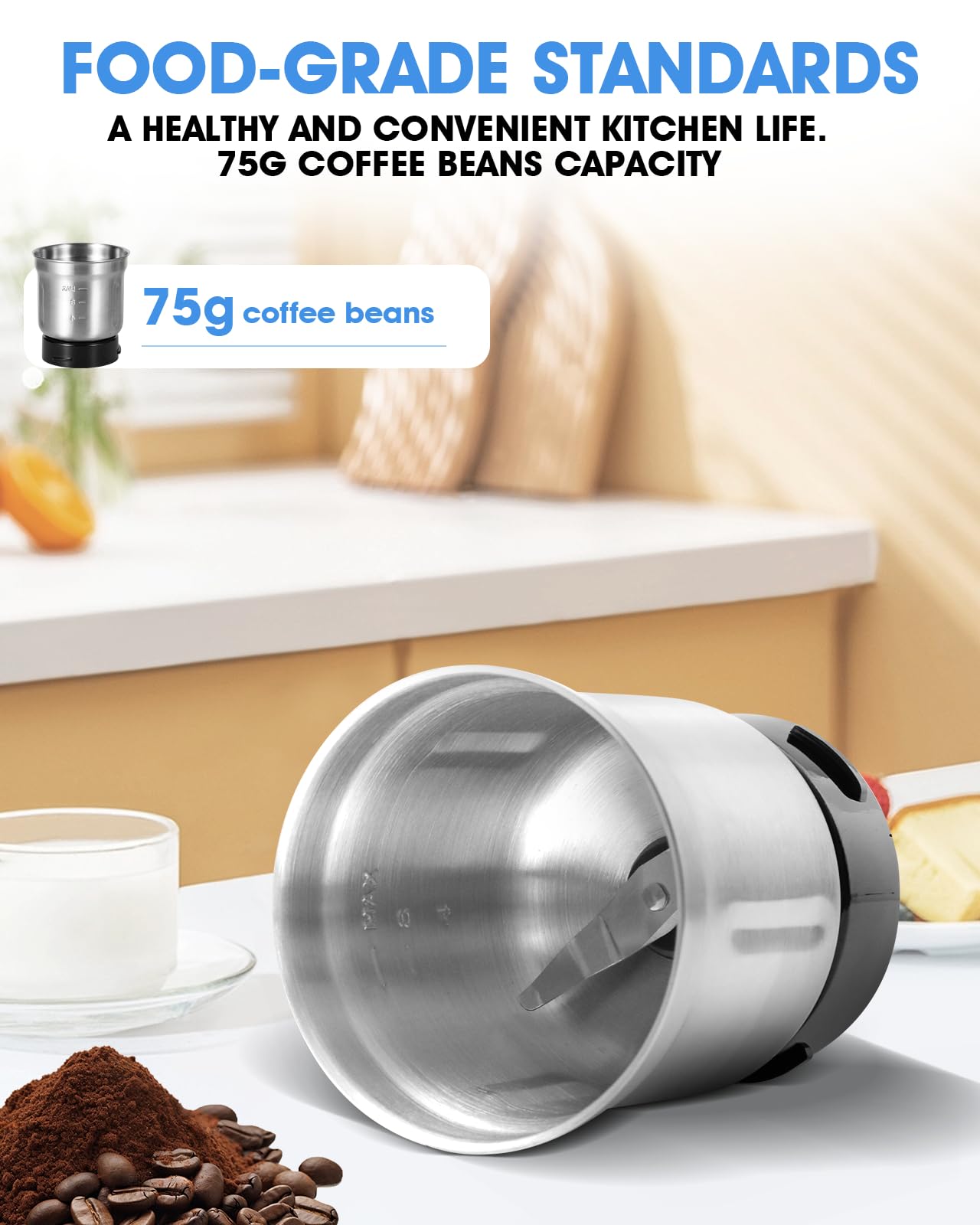250W Electric Coffee Grinder - Powerful & Quiet Kitchen Machine for Beans, Spices, Nuts, Grains & Herbs - 75g Stainless Steel Capacity - Perfect for Home Brewing, Espresso & Cooking