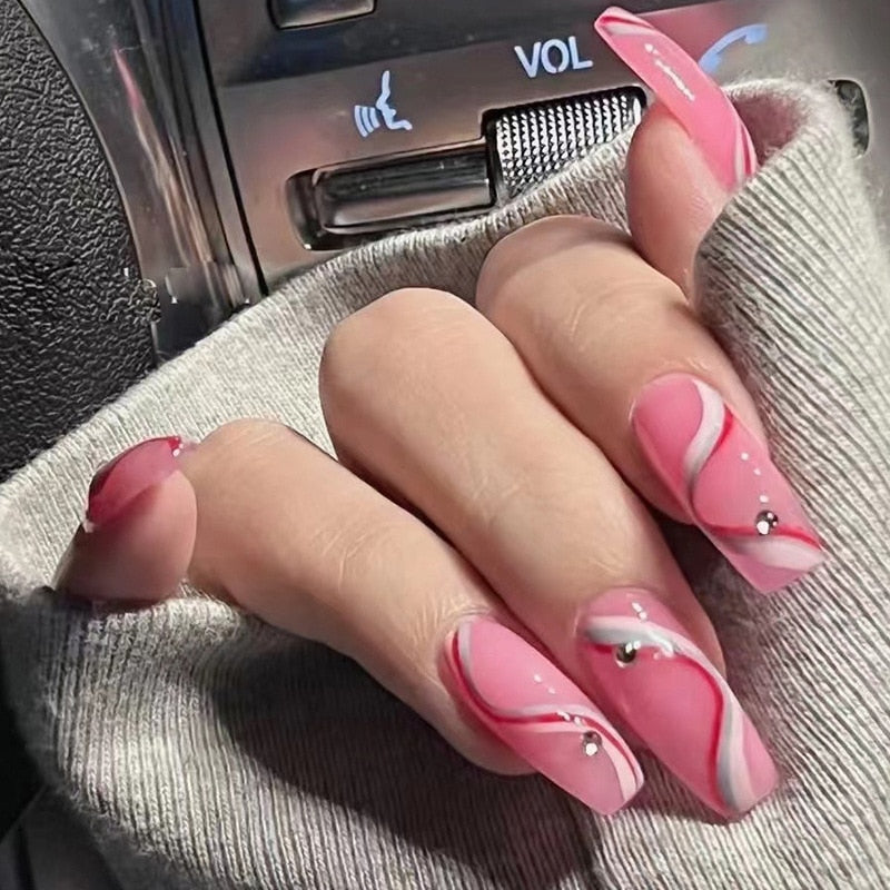 24pcs Kawaii Press on Nails - Y2K False Nails Set with Rhinestone & Acrylic Designs | Reusable French Long Fake Tips for Parties, Weddings & Special Occasions