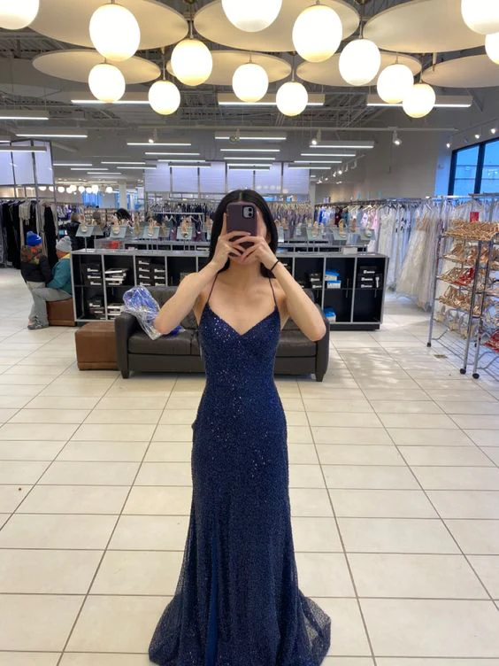 Elegant Navy Blue Sequin Prom Dresses for Women - Formal Evening Gown J3840 for Homecoming, Ball, Wedding, and Special Occasions