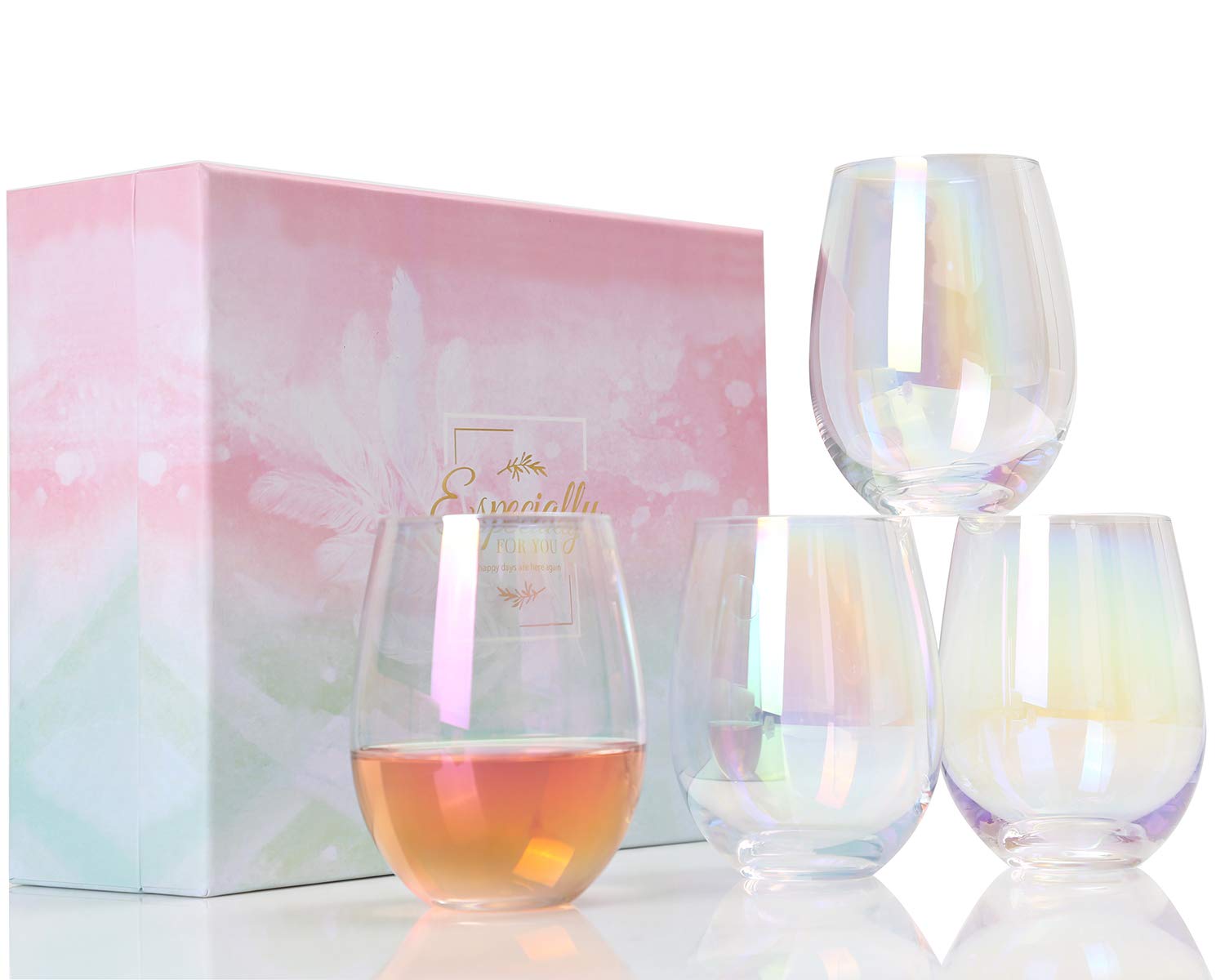 BEEADOYA 17oz Stemless Wine Glasses Set of 4 - Elegant Iridescent Glass for Red & White Wine - Perfect Gift for Women, Birthday, Christmas - Ideal for Dinner Parties, Wine Tasting & Home Entertaining