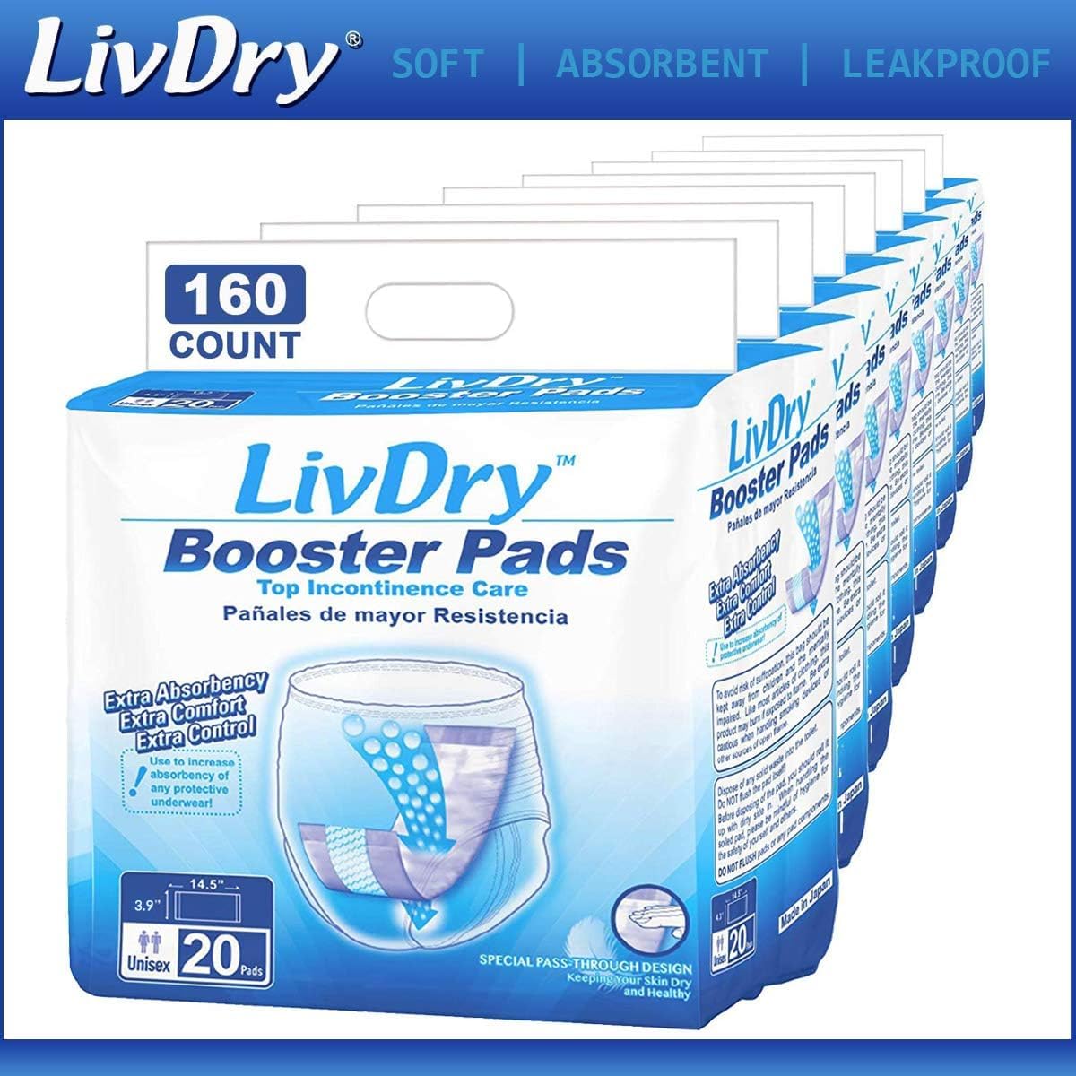 LivDry Incontinence Booster Pads for Adults - 160 Count Disposable Absorbent Pads for Women & Men | Extra Soft & Comfortable | Works with Adult Diapers | Ideal for Overnight Protection, Travel & Daily Use