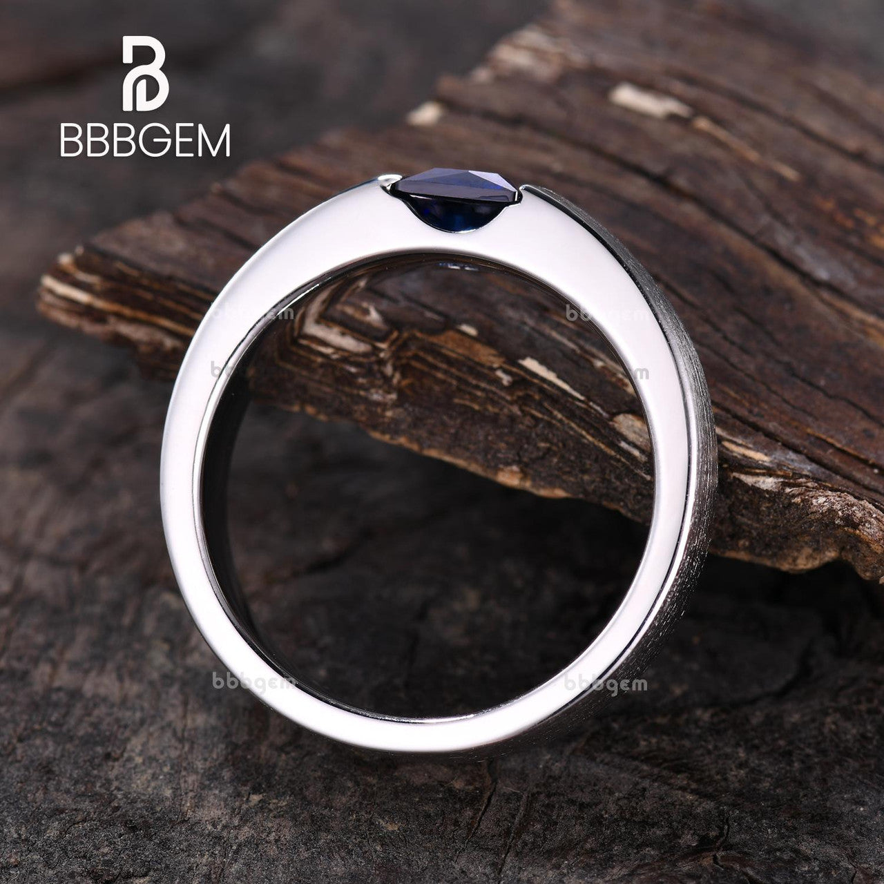 Blue Sapphire Men's Ring - Princess Square Solitaire Matte Band in Brushed White Gold for Weddings & Special Occasions