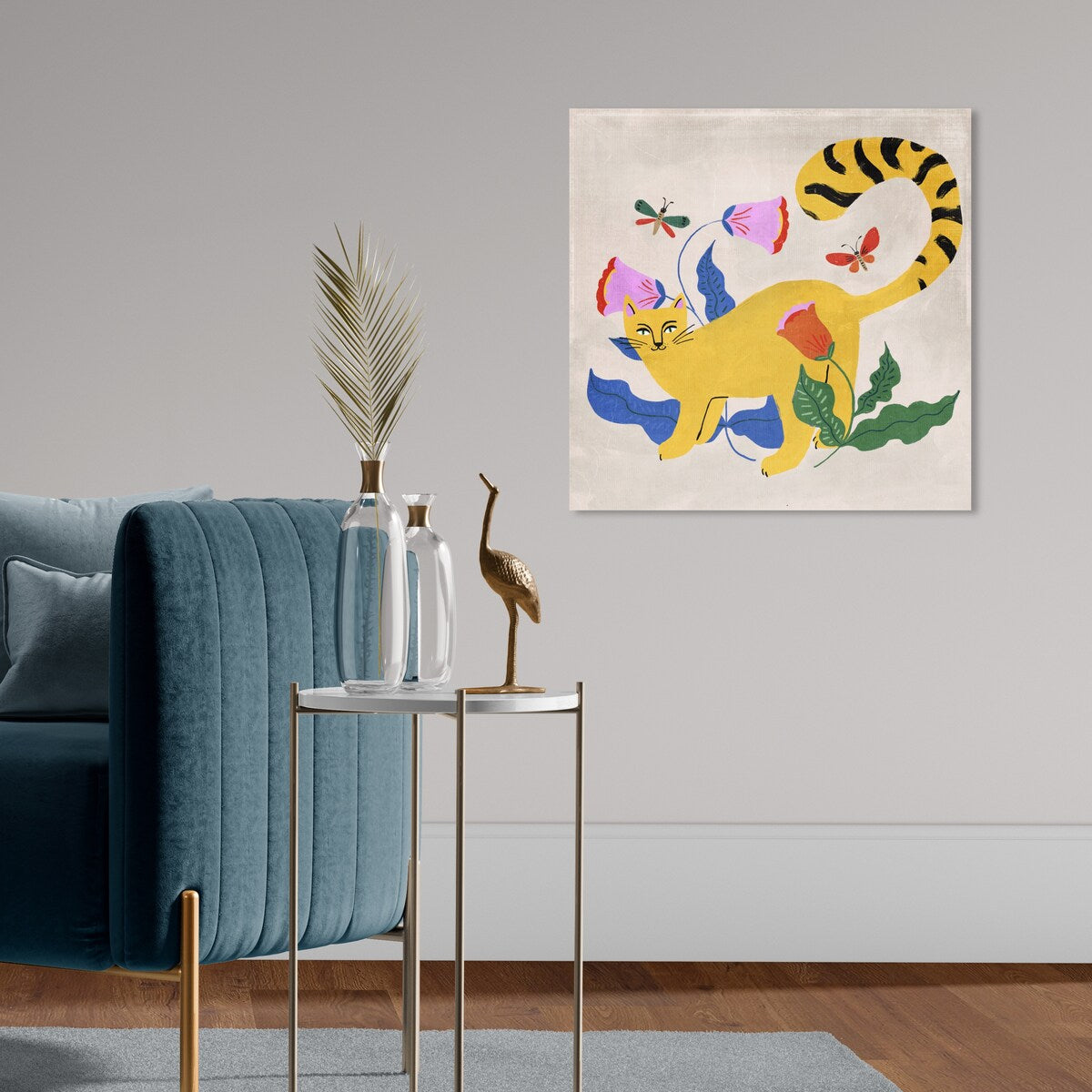 Blonde Tabby Floral Kitten Butterfly Garden Modern Yellow Canvas Wall Art Print - Perfect for Bedroom, Living Room & Nursery Decor