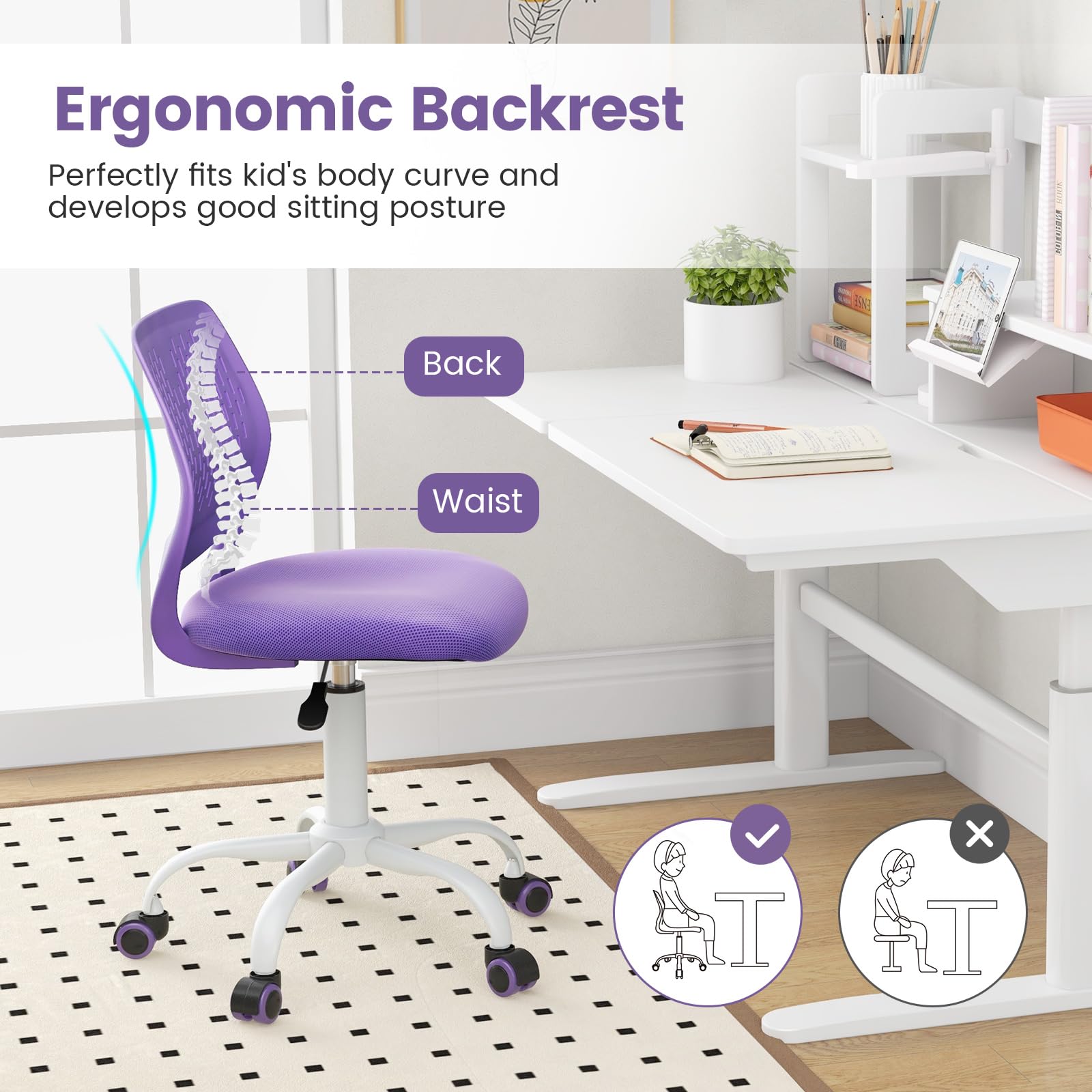 Topment Swivel Office Desk Chair - Ergonomic Armless Task Chair with Breathable Mesh Back & Upholstered Seat, Adjustable Height Computer Chair for Home Office, Study Room, Gaming & Workspace (Purple) - Perfect for Small Spaces, Kids Room & Long Working Hours