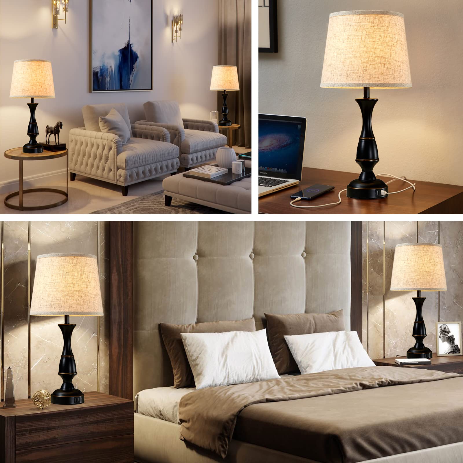 GyroVu Set of 2 Touch Control Table Lamps - 3-Way Dimmable Bedside Lamps with USB Charging Ports for Bedroom, Living Room & Office (Black, Bulbs Included) | Perfect for Night Reading, Home Decor & Workspace Lighting