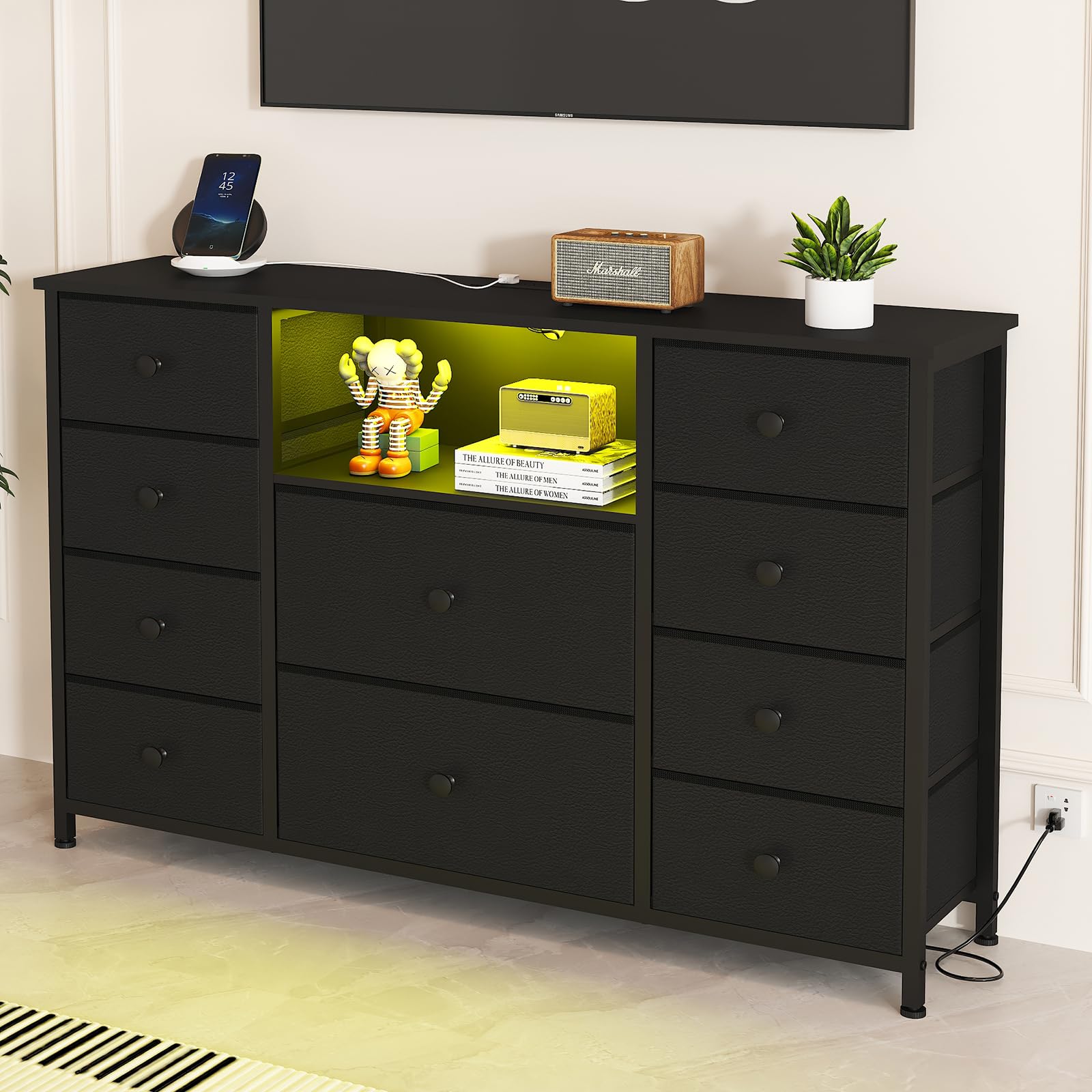 LDTTCUK 10-Drawer Dresser with USB Charging Station & LED Lights - Fabric Storage Organizer with PU Finish, Black - Perfect for Bedroom, Living Room, or TV Stand