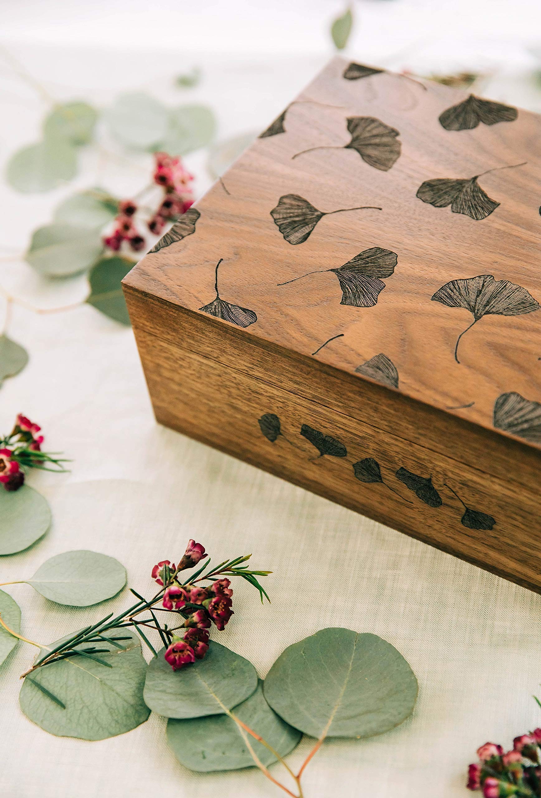 Handcrafted Ginkgo Leaves Wood Keepsake Box - Personalized Engraved Gift for Anniversary, Wedding, Baby Shower & Father's Day | Memory Box for Jewelry, Photos & Keepsakes (Home Decor & Special Occasion Gift Idea)