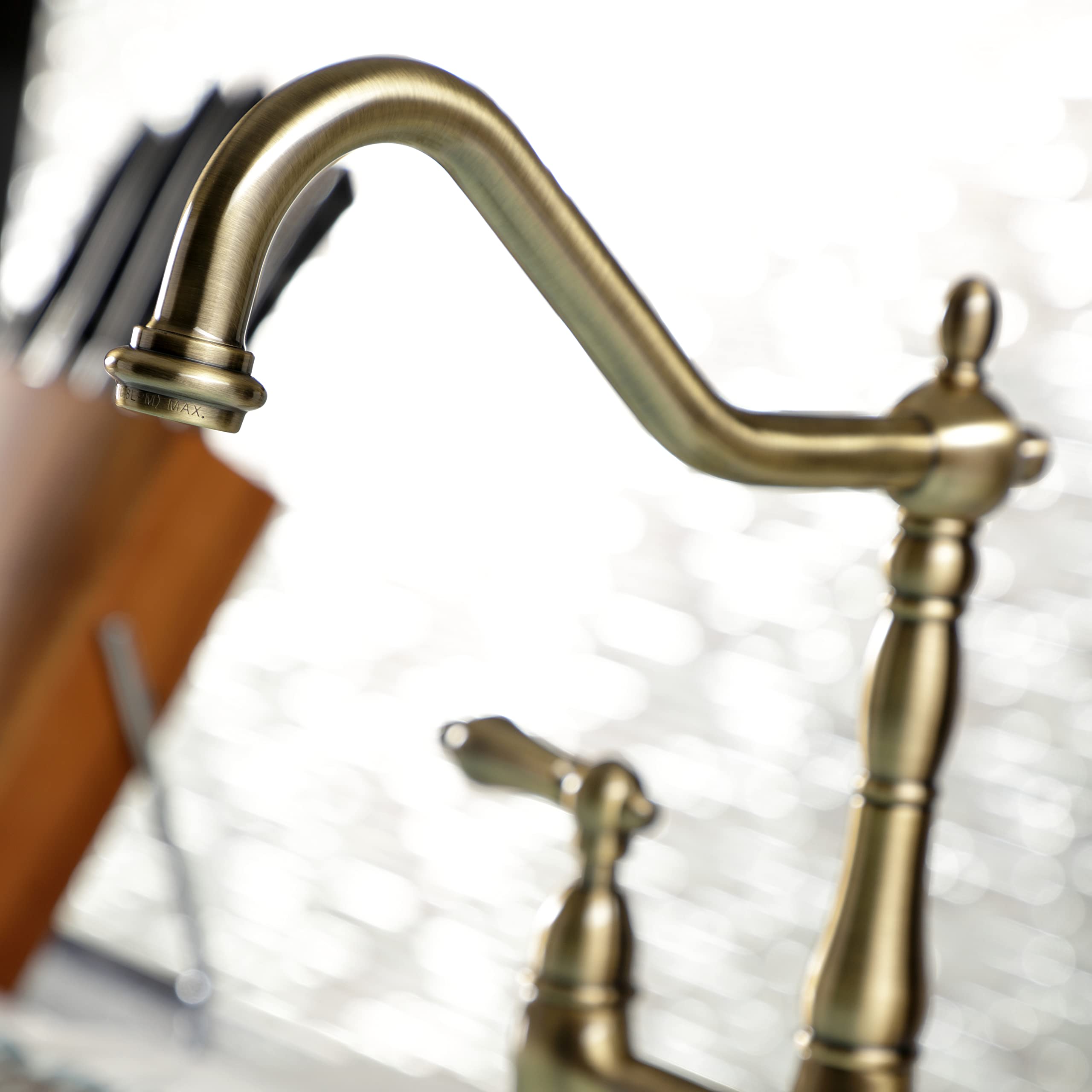 Kingston Brass KS1273ALBS Heritage 8-Inch Kitchen Bridge Faucet with Brass Sprayer - Antique Brass Finish - Perfect for Farmhouse, Vintage & Traditional Kitchen Sinks