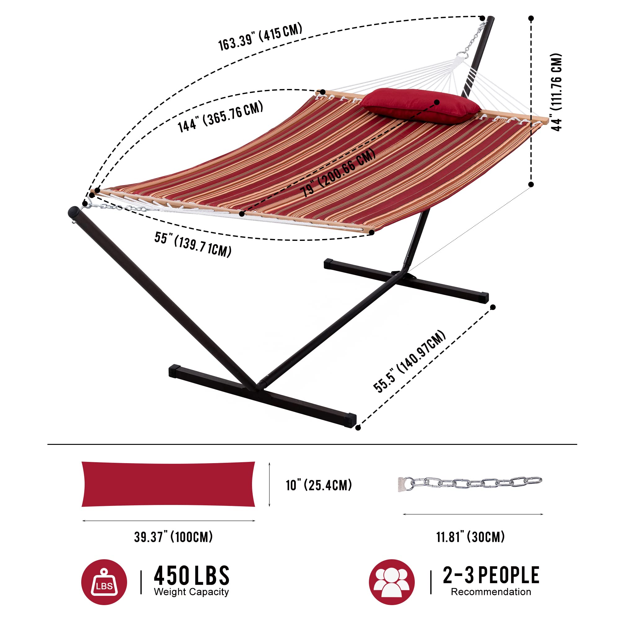 Quilted Fabric Double Hammock with 12ft Stand - 450 lbs Capacity for 2 People - Indoor/Outdoor Use in Patio, Garden & Backyard - Red & Brown Stripe (Perfect for Relaxing, Lounging & Napping)