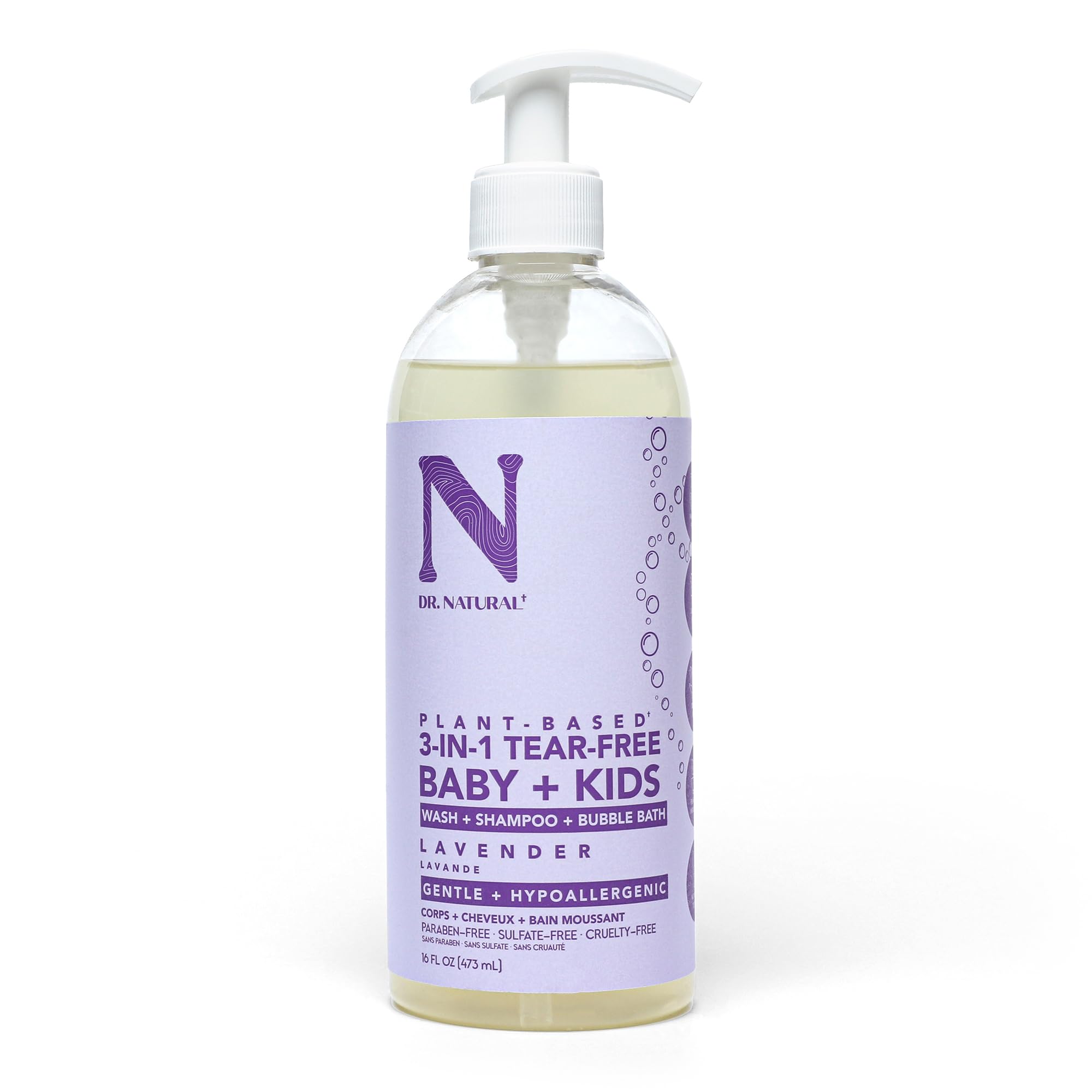 Dr. Natural 3-in-1 Tear-Free Baby & Kids Soap - Lavender Scented 16 oz | Plant-Based Shampoo & Body Wash | Sulfate-Free, Paraben-Free, Hypoallergenic for Sensitive Skin | Infused with Essential Oils | Gentle Cleansing for Newborns, Toddlers & Children | Perfect for Bath Time, Daily Hygiene & Sensitive Skin Care