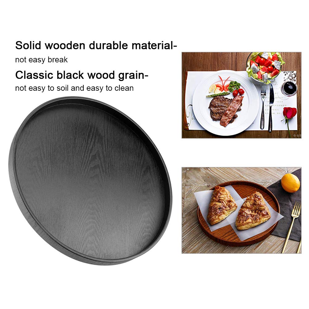 Solid Wood Round Serving Tray for Tea, Coffee, Snacks & Meals - Black Wooden Party Bar Breakfast Tray for Home, Office & Outdoor Entertaining