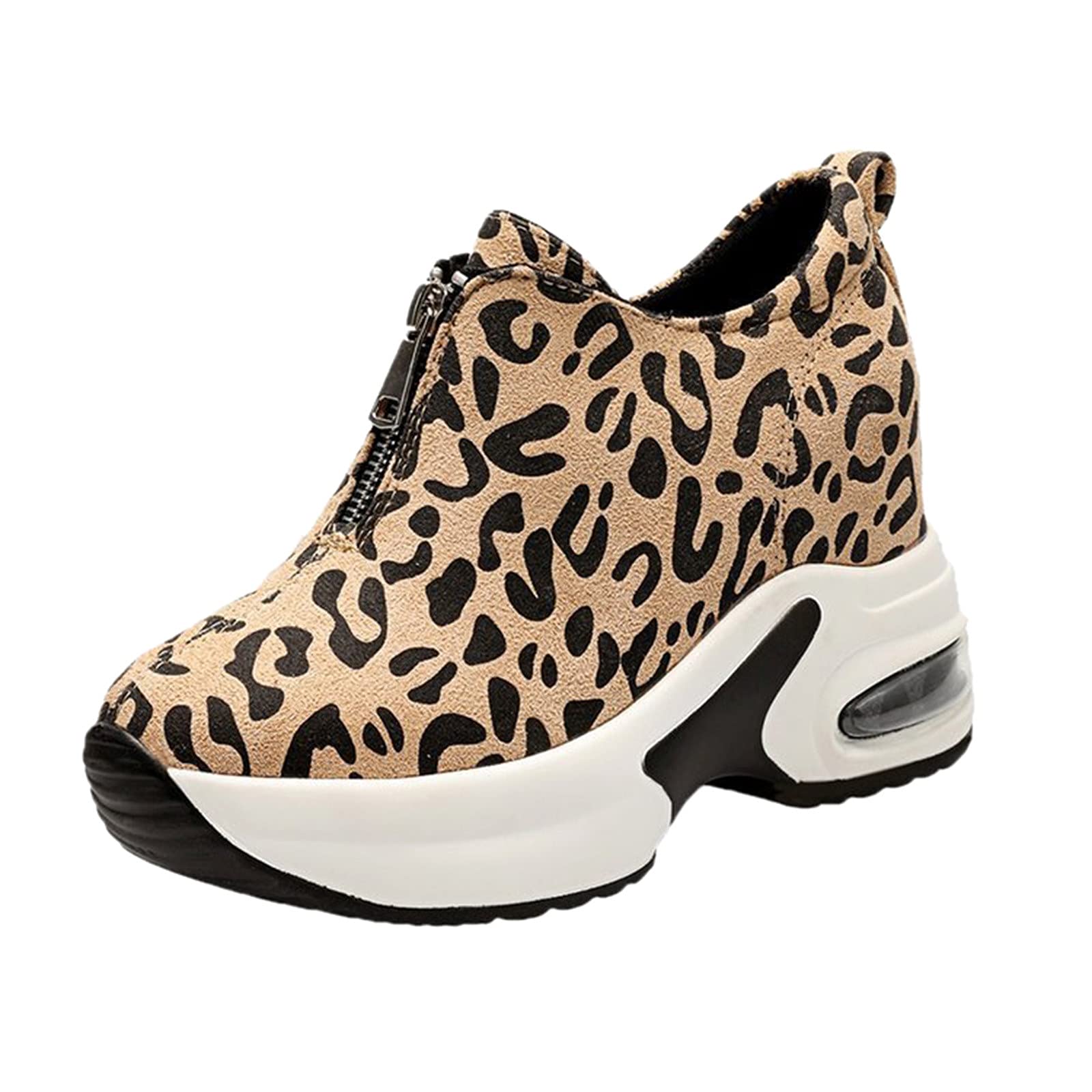 Women's Printed Leopard Wedge Platform Sneakers - Fashion Casual Zipper Shoes in Beige & Brown (Size 8) | Perfect for Streetwear, Work & Everyday Comfort