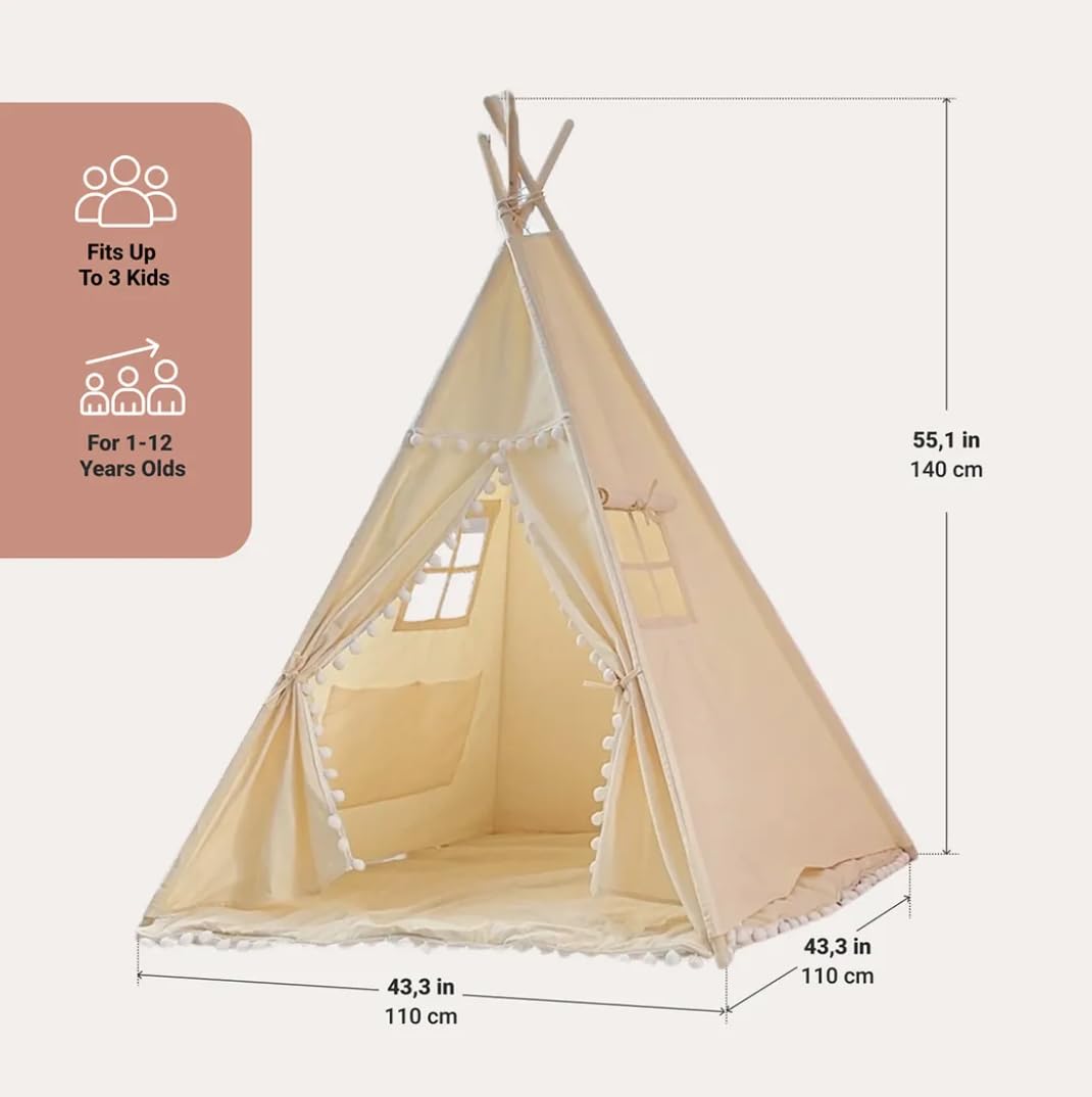 Kids Play Teepee Tent - 100% Organic Cotton Playhouse for Boys & Girls | Indoor Play Tent, Bedroom Decor & Reading Nook | Perfect for Imaginative Play, Sleepovers & Nursery Decorations