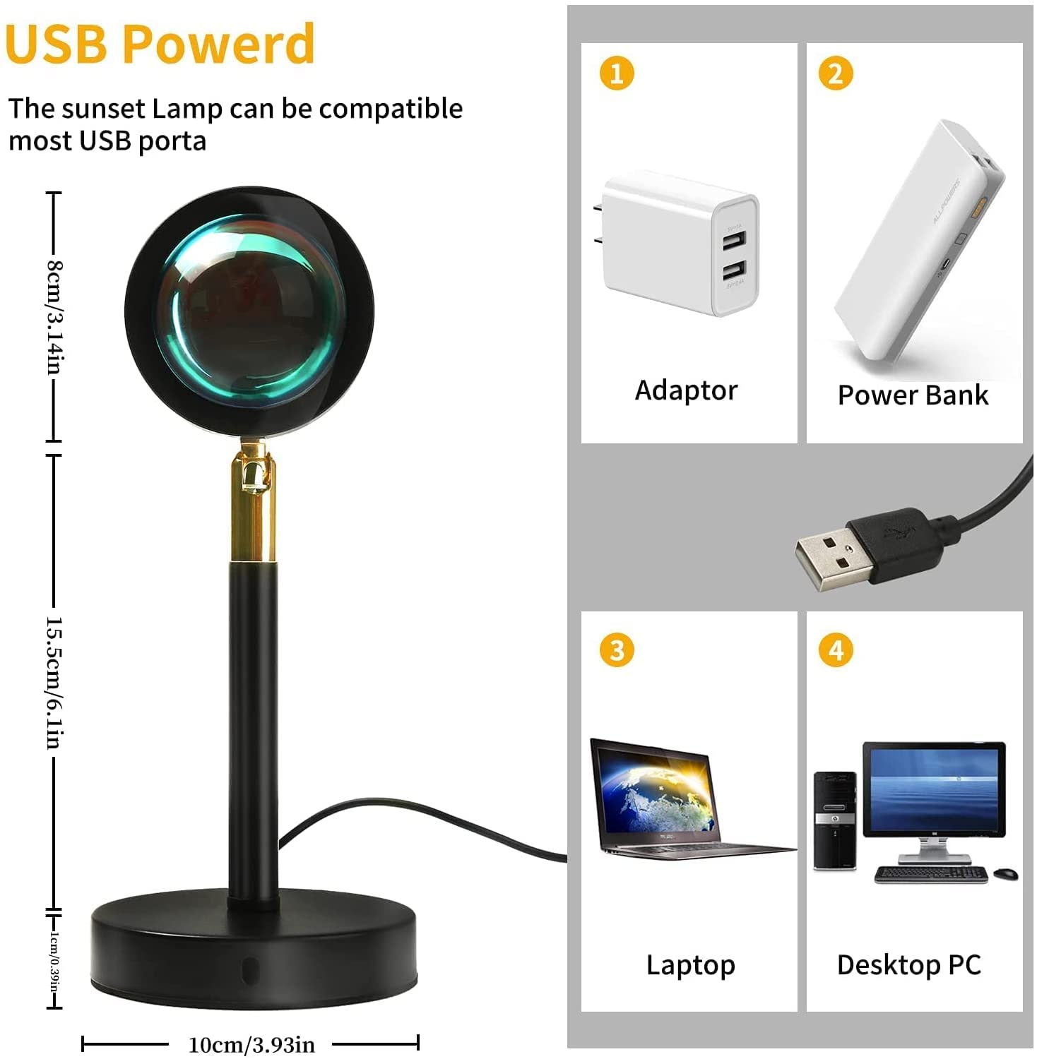 Sunset Projection Lamp with 180° Rotation & USB Charging - Rainbow Night Light for Bedroom, Romantic Atmosphere Lighting for Couples, Adults, Home Decor | Perfect for Date Nights, Photography, Relaxation & Social Media Content