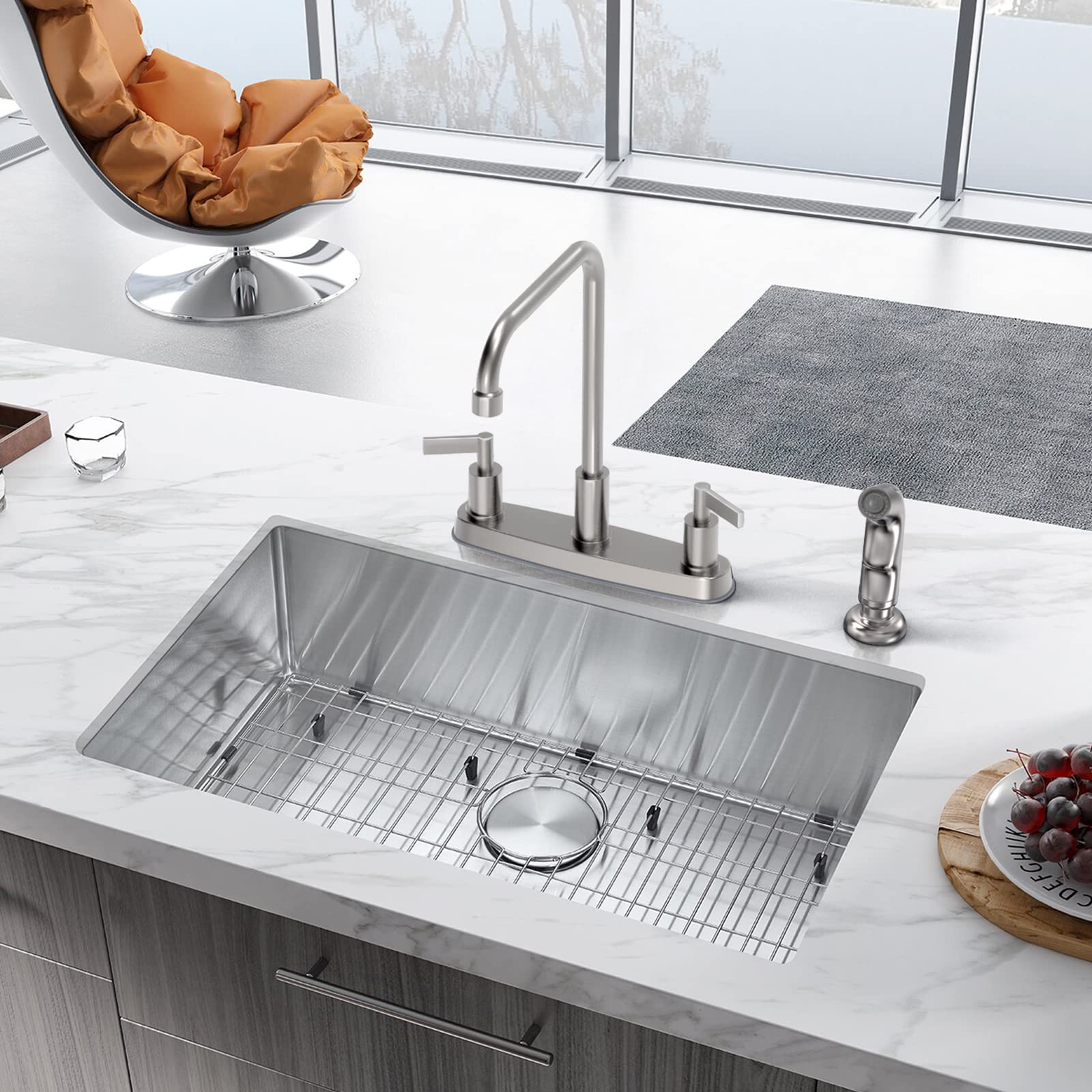Brushed Nickel Kitchen Faucet with Pull Down Sprayer - 2 Handle Stainless Steel Sink Faucet for 3 or 4 Hole Installation - Perfect for Modern Kitchens, Dishwashing & Food Prep