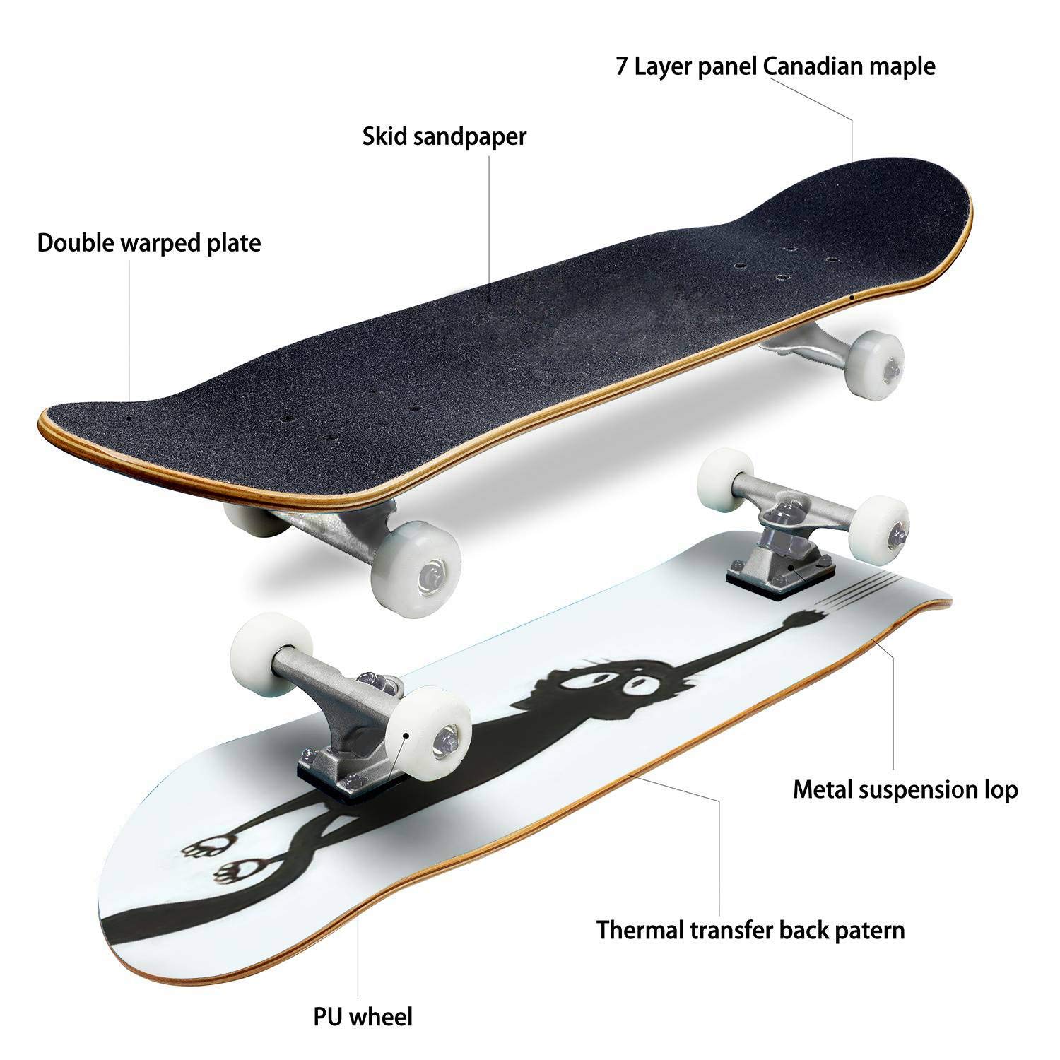 Black Cat Silhouette Skateboard - Classic Concave Longboard for Beginners & Pros | Cool Teen Gifts for Extreme Sports & Street Skating | Durable Deck for Tricks, Commuting & Park Riding