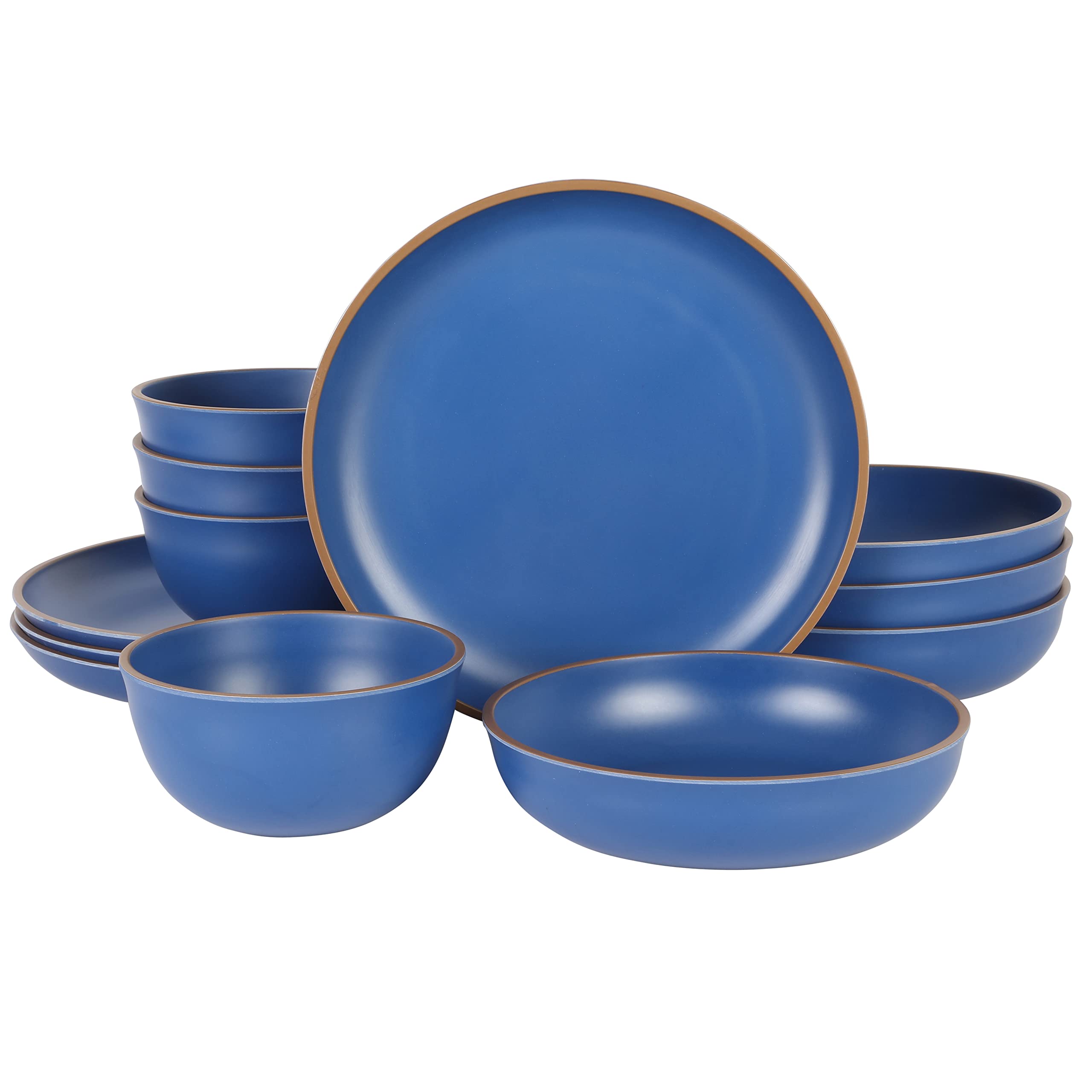 Gibson Home Rockabye 12-Piece Double Bowl Melamine Dinnerware Set - Durable Plastic Plates & Bowls - Matte Blue - Perfect for Outdoor Dining, Picnics & Camping