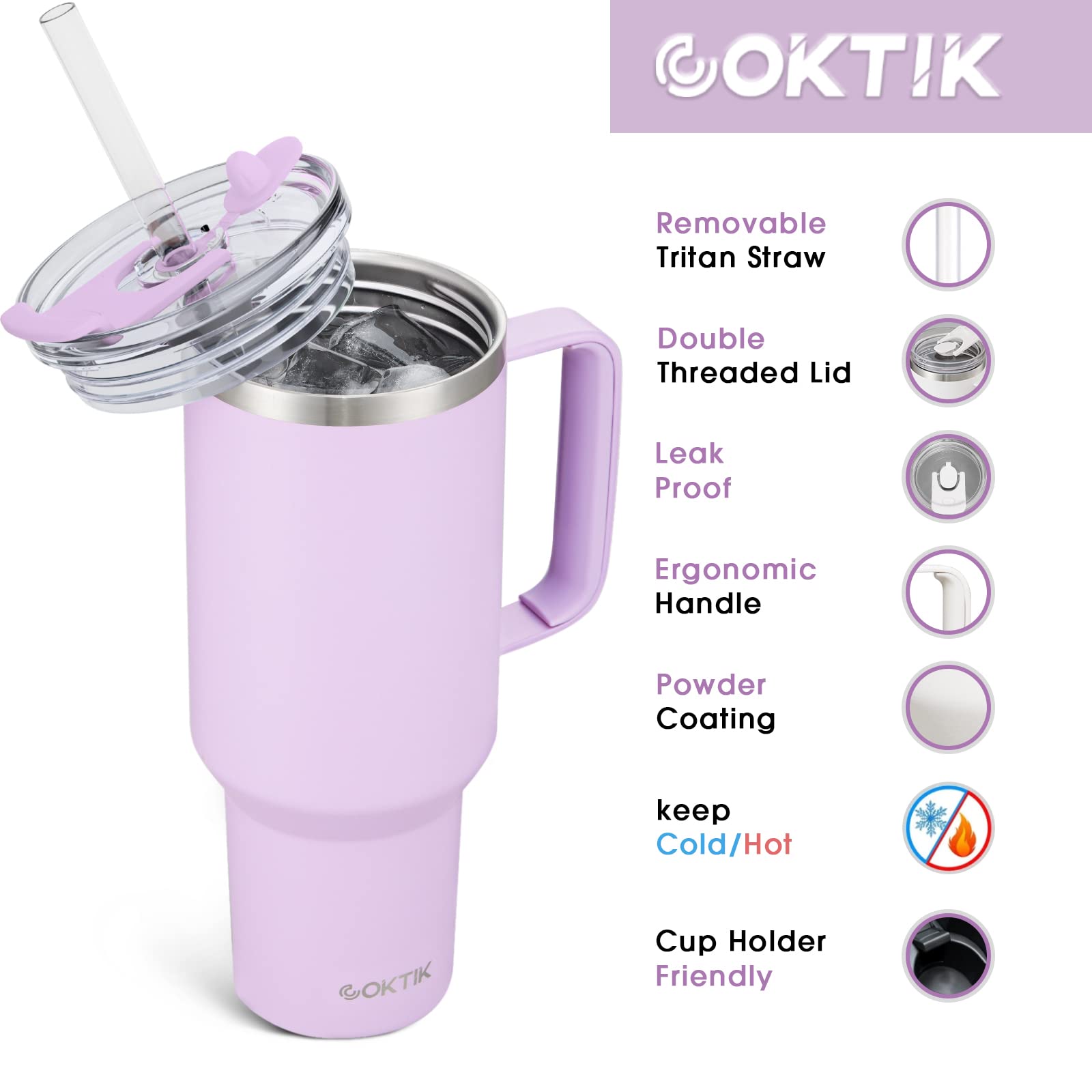 40 oz Stainless Steel Vacuum Insulated Tumbler with Handle & Straw Lid - Leakproof Travel Coffee Mug for Hot & Cold Drinks, Car Cup Holder Friendly (Lavender) - Perfect for Commuting, Camping & Office Use