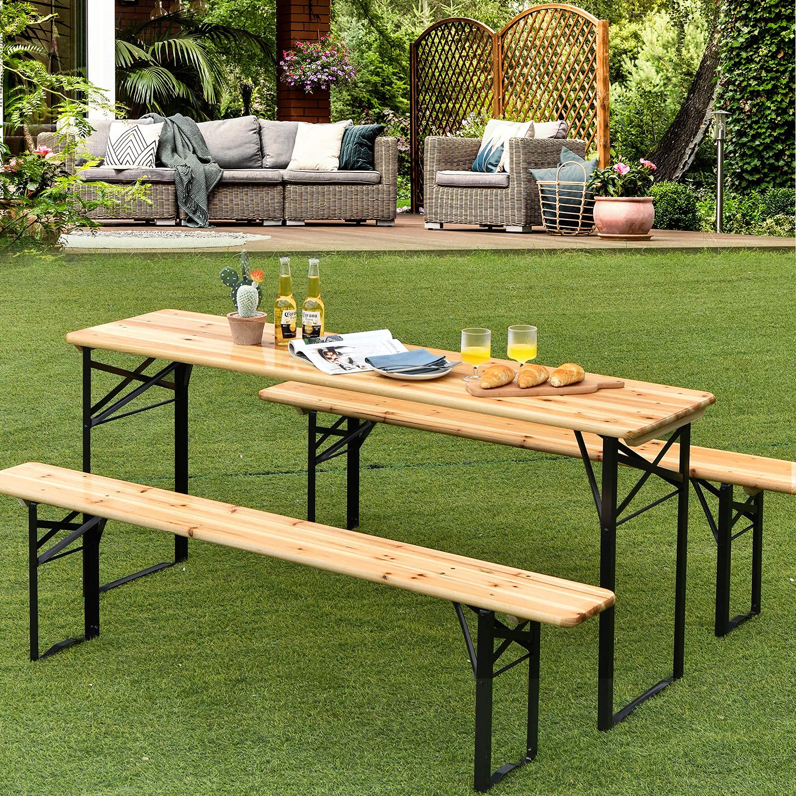 Renatone 70-Inch 3-Piece Folding Picnic Table Set with Wooden Top - Portable Beer Table for Patio, Backyard, Garden & Outdoor Gatherings - No Assembly Required - Perfect for BBQs, Camping & Tailgating