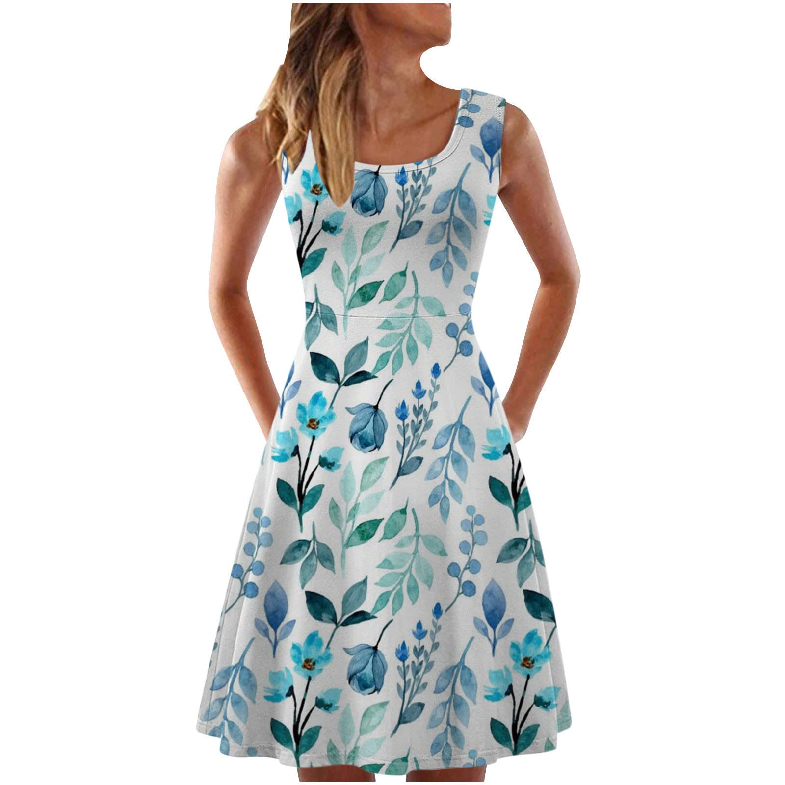 Women's Casual Summer Tank Sleeveless Knee-Length Pleated Sun Dress - Tie-Dye Gradient Rainbow Floral Print | Perfect for Beach Vacation, Outdoor Picnics & Summer Parties