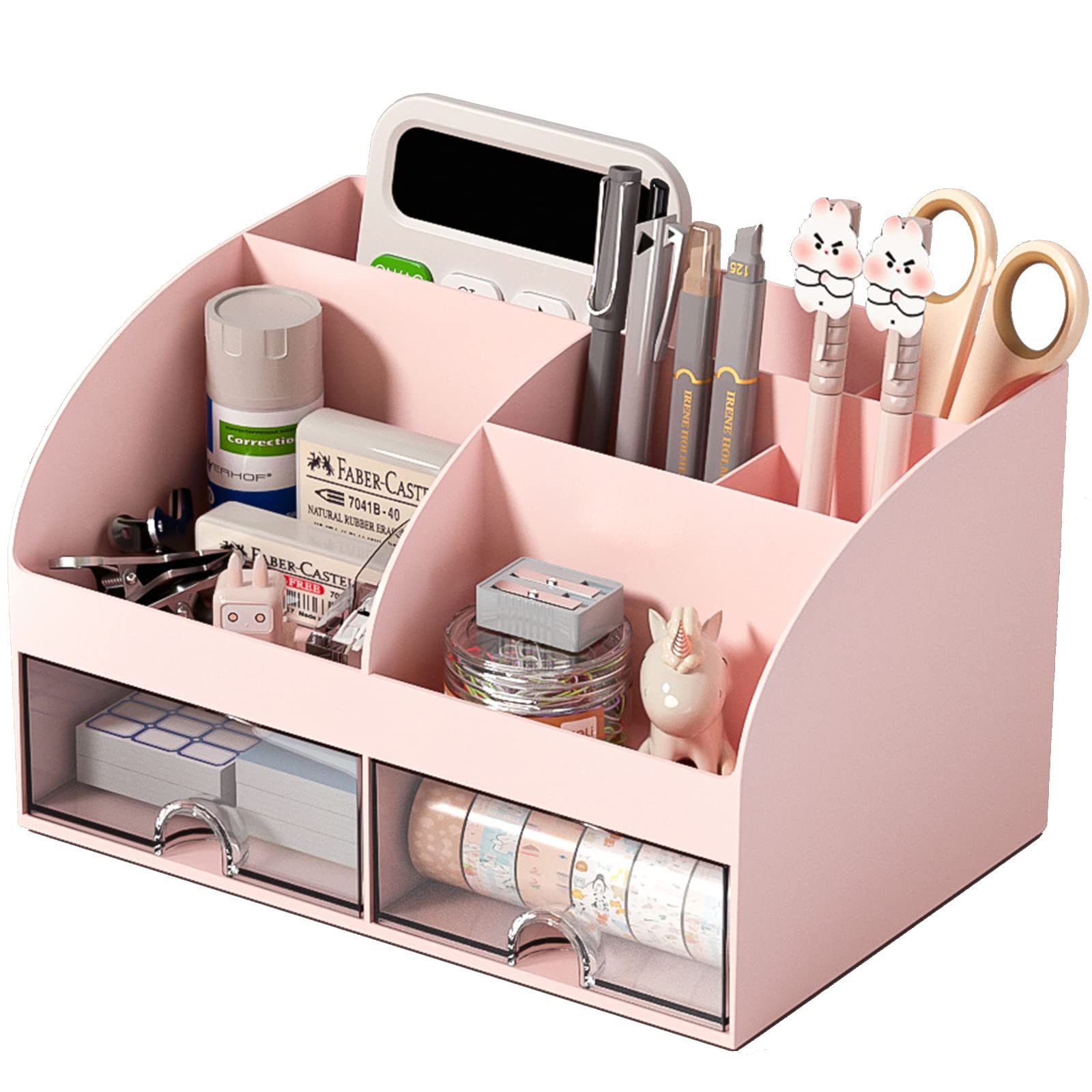 6-Compartment Plastic Desk Organizer with 2 Drawers - Pink Makeup & Pen Holder for School, Home & Office - Perfect for Desktop Storage & Organization (Ideal for Cosmetics, Stationery & Office Supplies)
