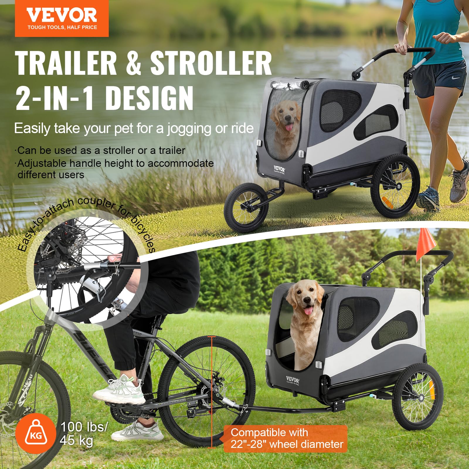 VEVOR 2-in-1 Dog Bike Trailer & Pet Stroller - Heavy Duty 100 lbs Capacity, Foldable Design with Quick Release Wheels - Universal Bicycle Coupler, Safety Reflectors & Flag - Perfect for Cycling, Jogging and Outdoor Adventures with Your Pet